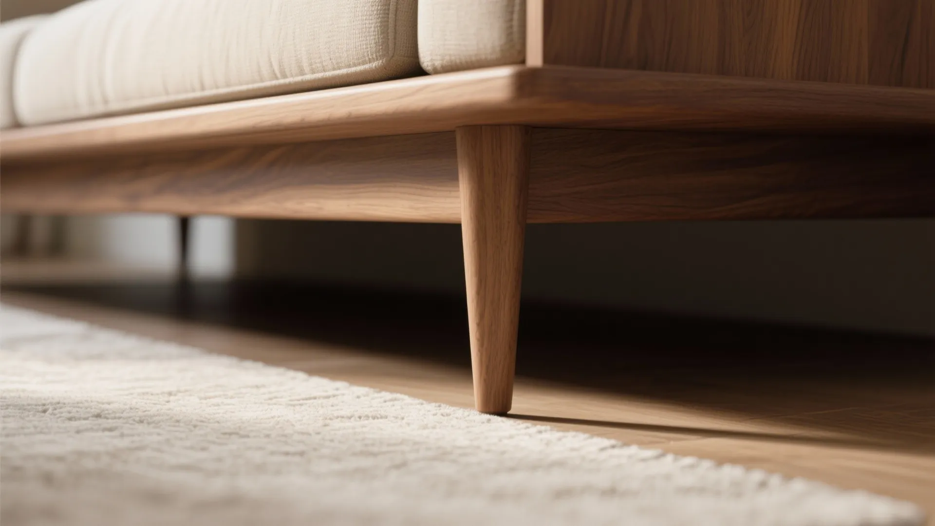 Close up view of wooden sofa leg resting on a soft rug and wood floor