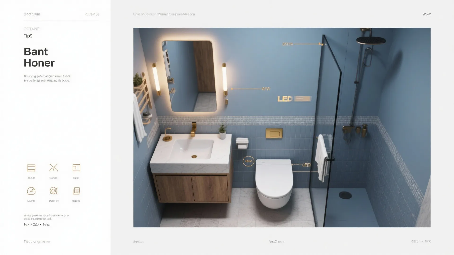 Small blue bathroom interior design drawing with labeled wall light and led light fixture placement