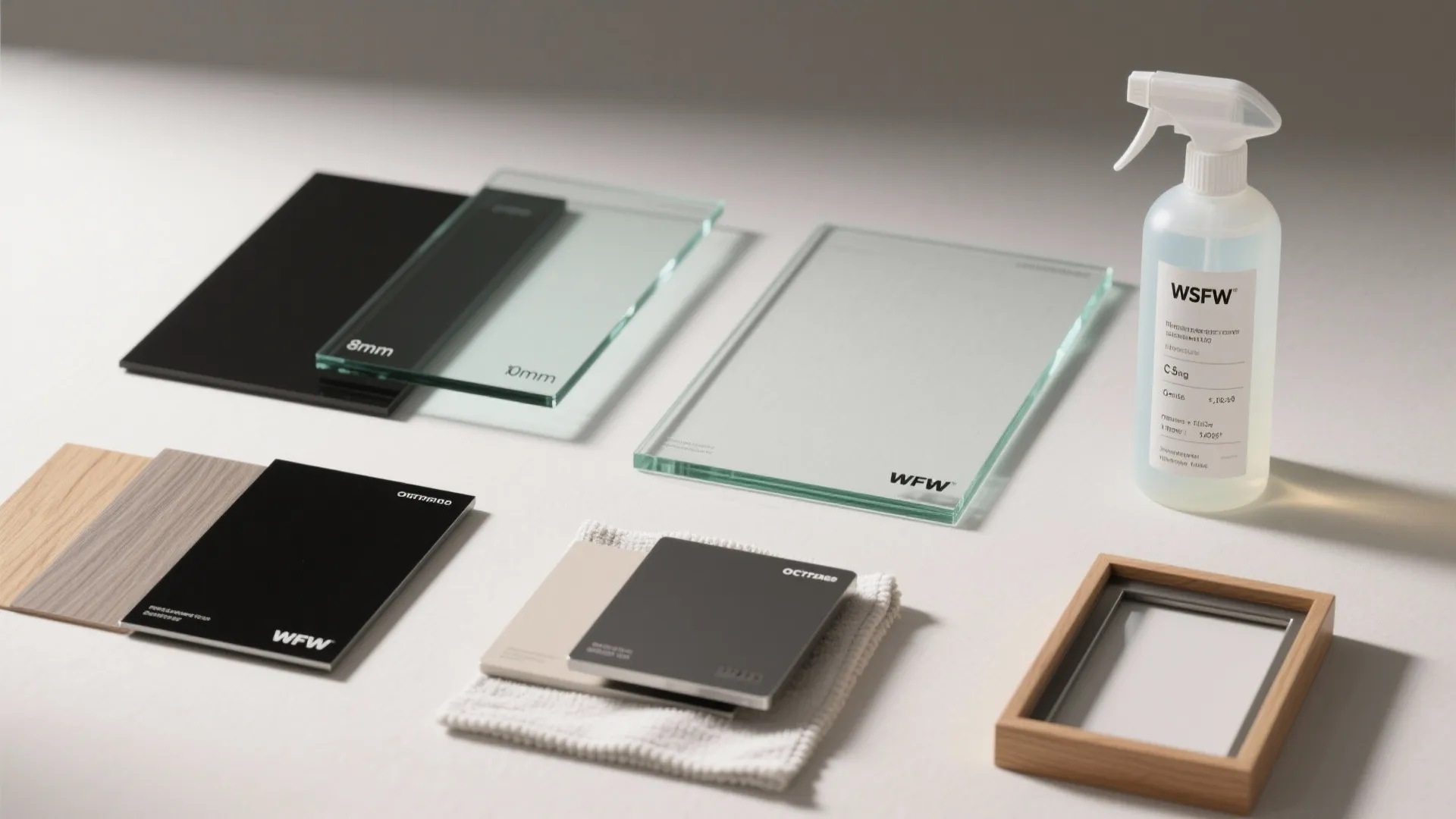 Various interior design material samples including glass sheets wood panels spray bottle and white cloth