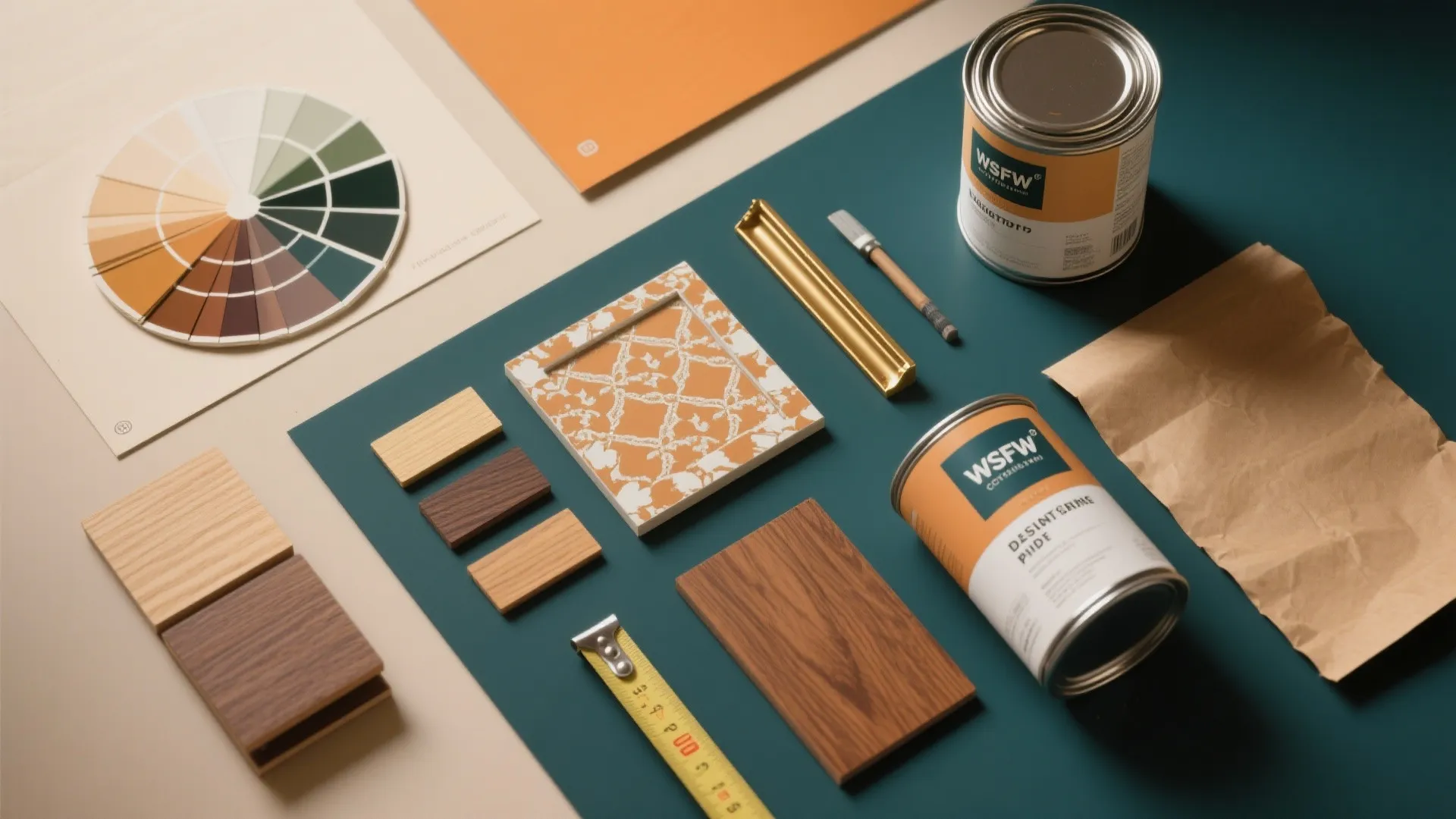Interior design mood board with color wheel paint cans wood samples and metal measuring tape