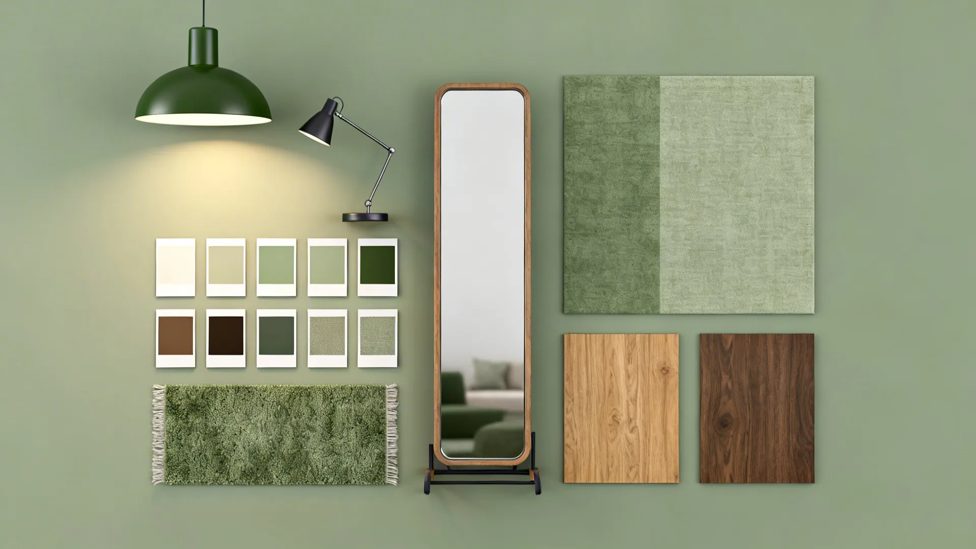 Flatlay of lighting, mirror, rugs and fabric swatches for small bedroom design.