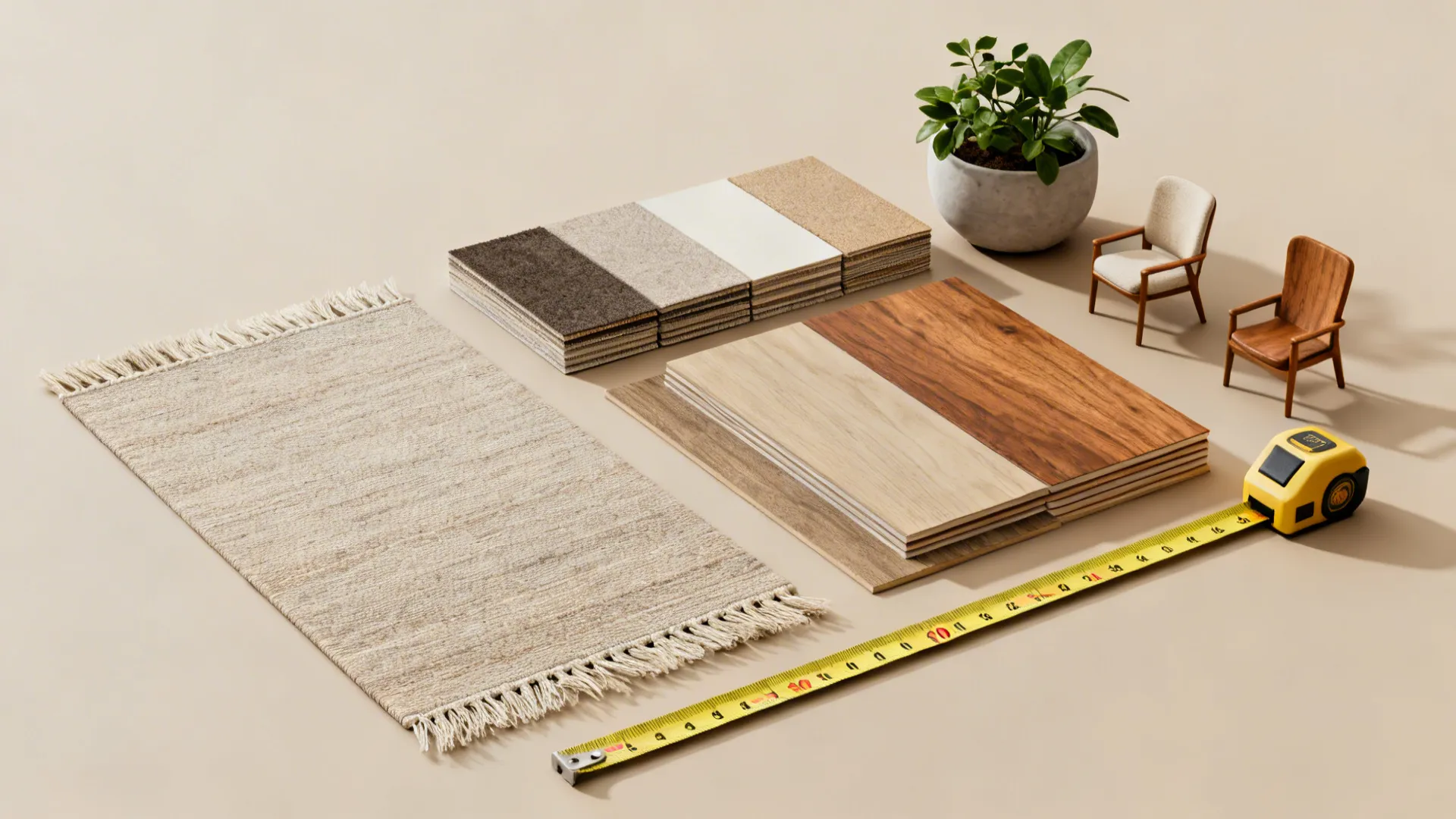 Interior design material samples showing wood flooring rug fabric tape measure and small miniature furniture chairs