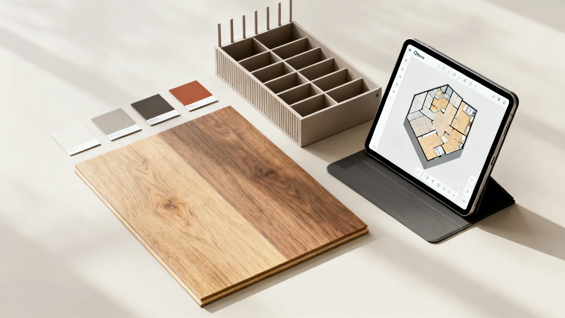 Flatlay of color swatches, flooring samples and a tablet with a 3D planner for small-space design