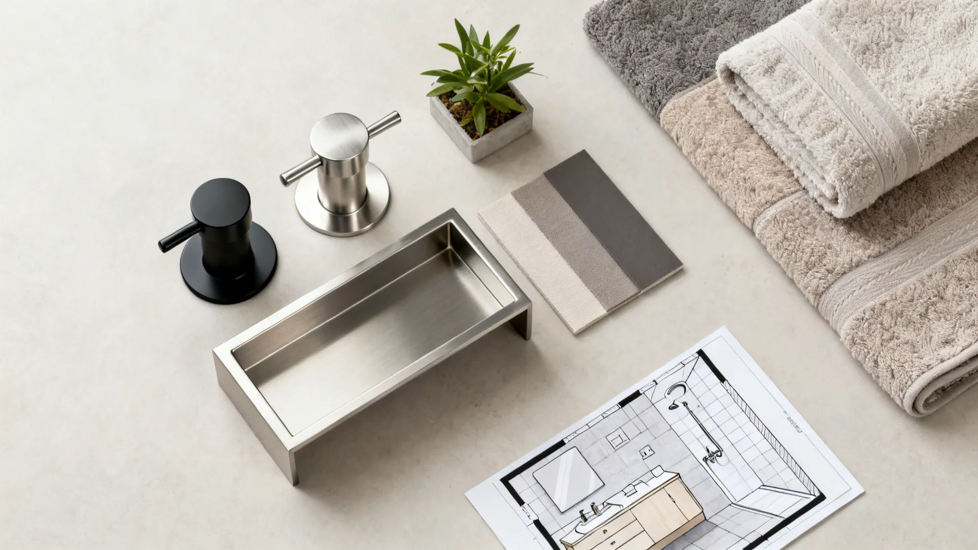 Flatlay of hardware finishes, fabric swatches and a mini bathroom floorplan for layout tips.