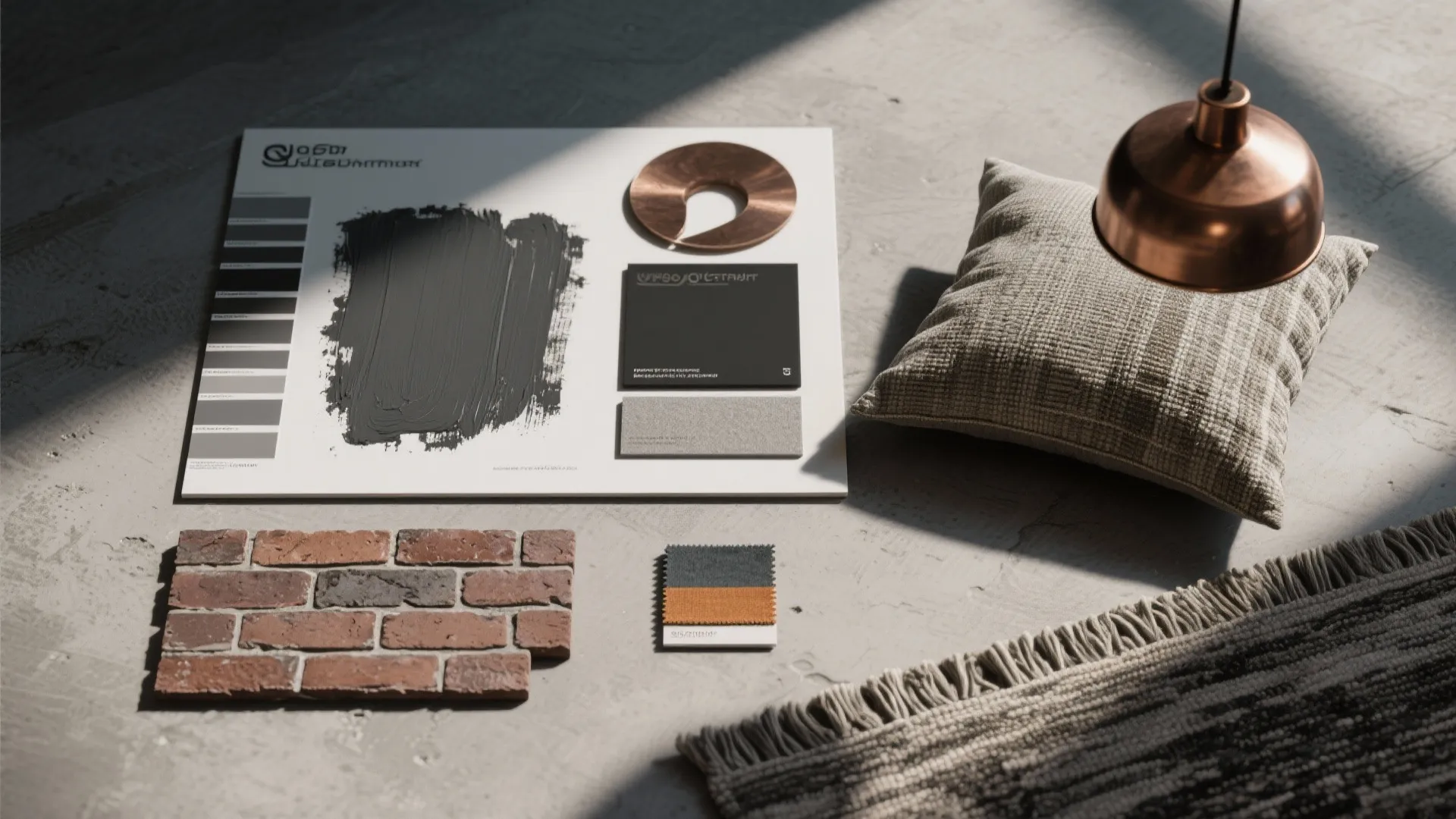 Interior design mood board with paint swatches brick tiles fabric samples and copper ceiling light