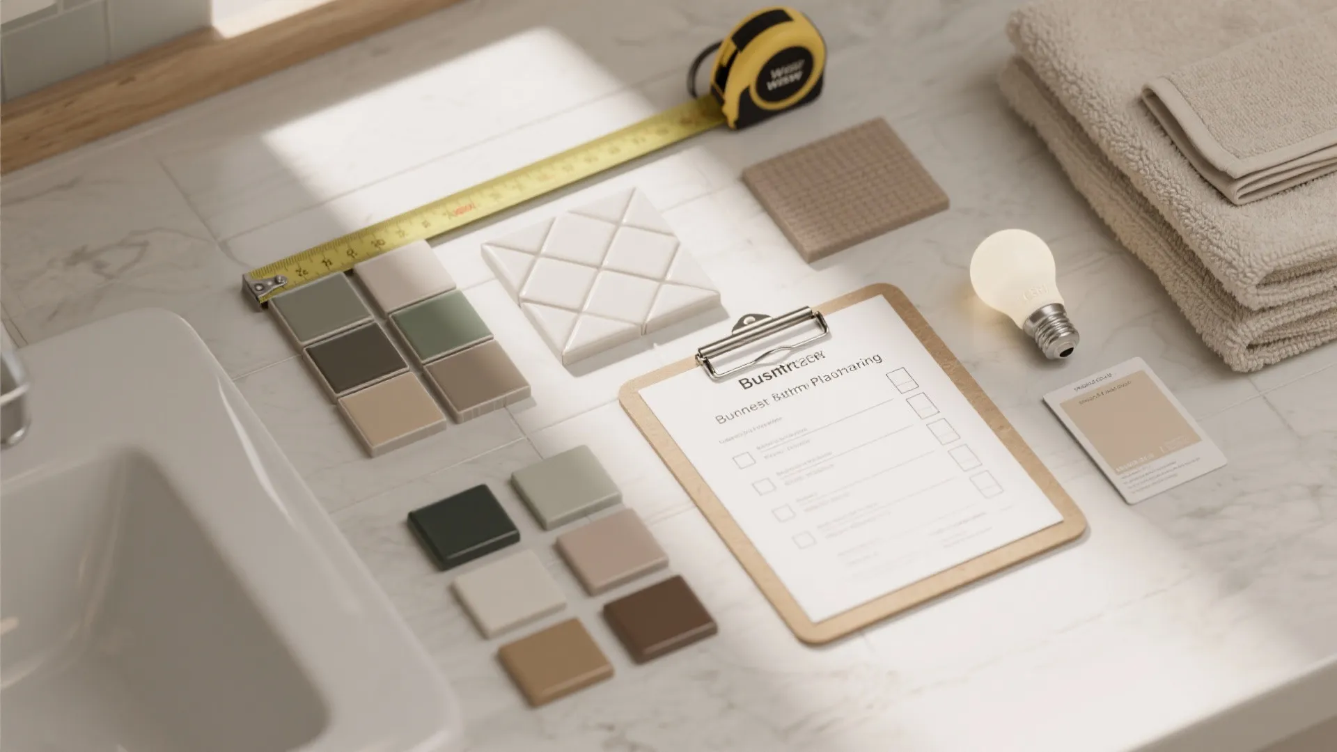 Flatlay of paint and tile samples, measuring tape and a checklist for budget bathroom planning