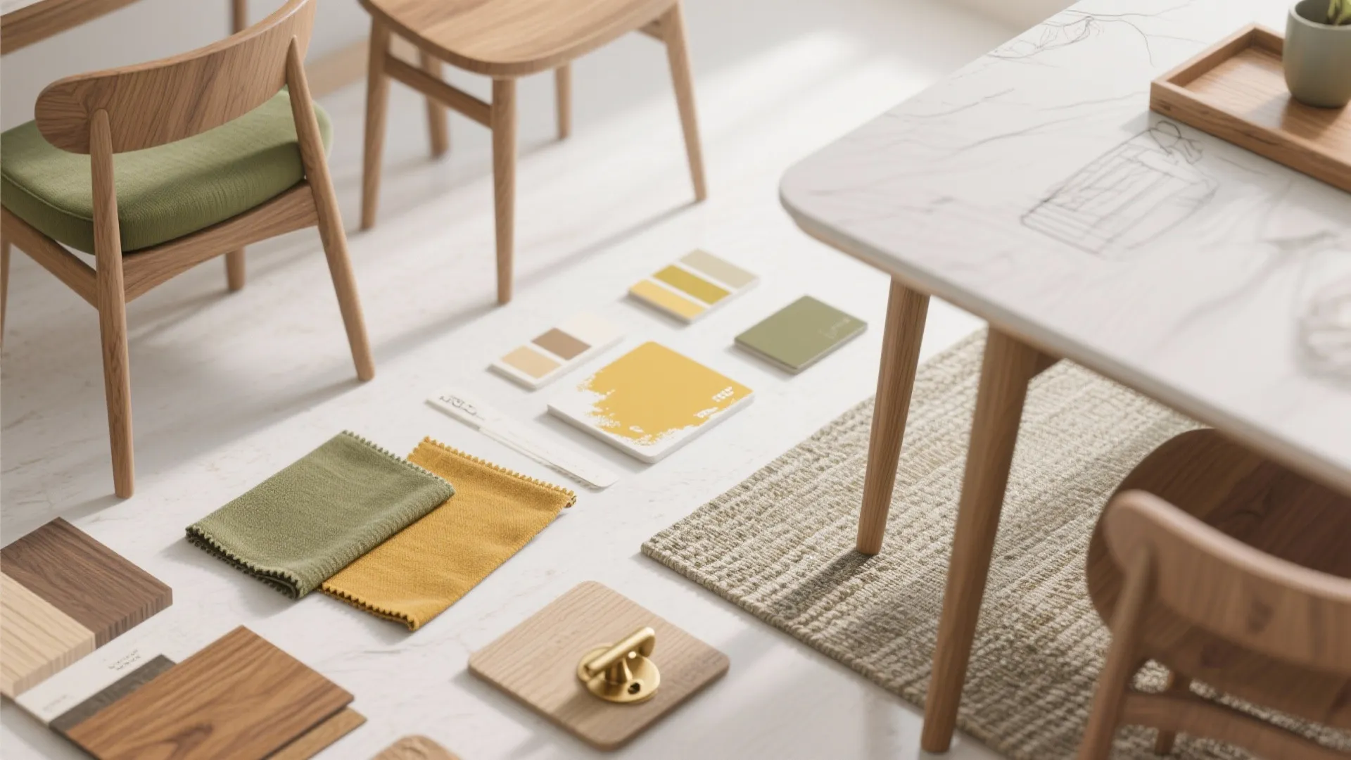 Interior design material samples including fabric wood swatches and color tiles on a bright white floor