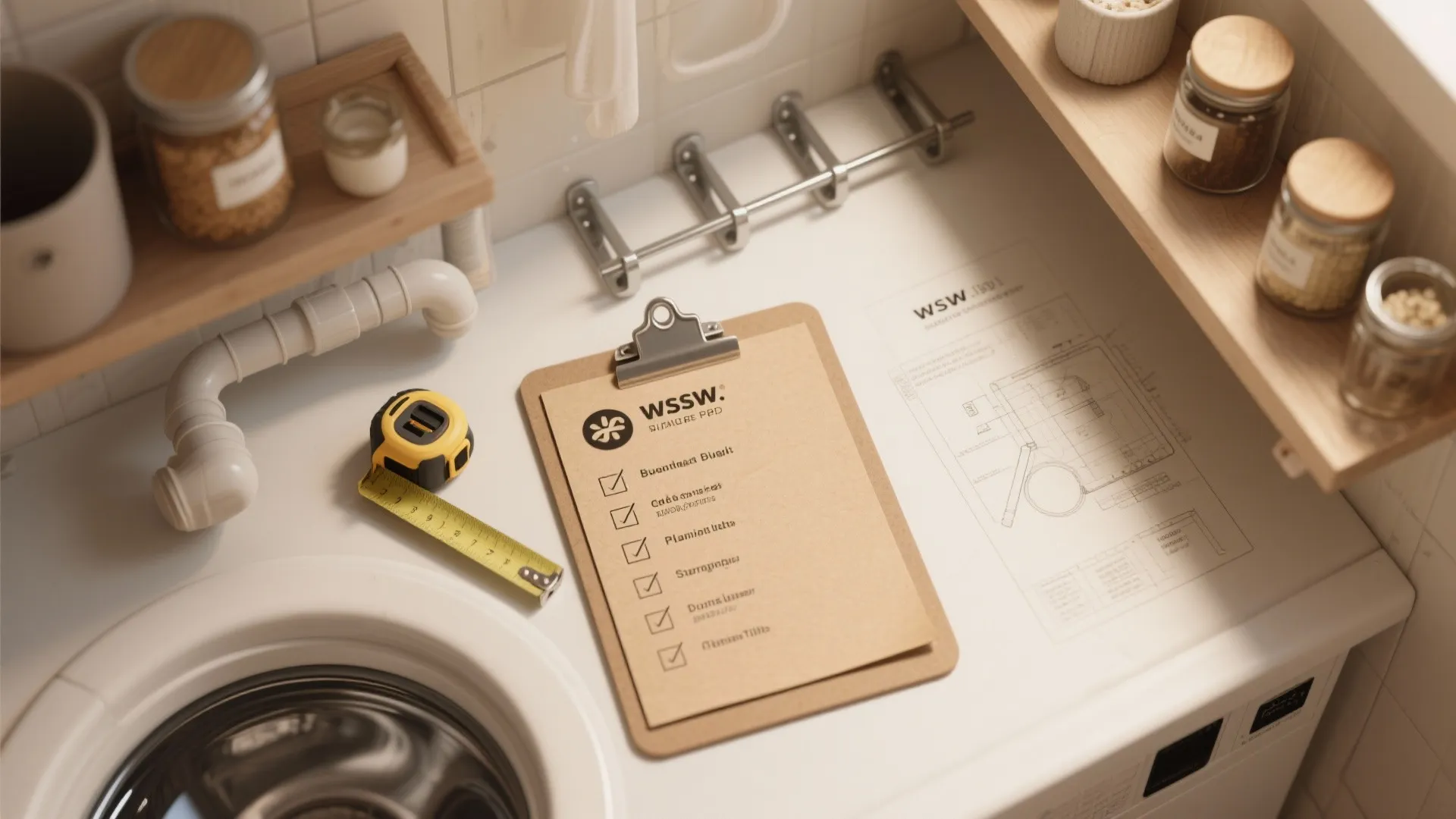 Laundry room counter with a clipboard checklist, yellow measuring tape, floor plan, and glass jars