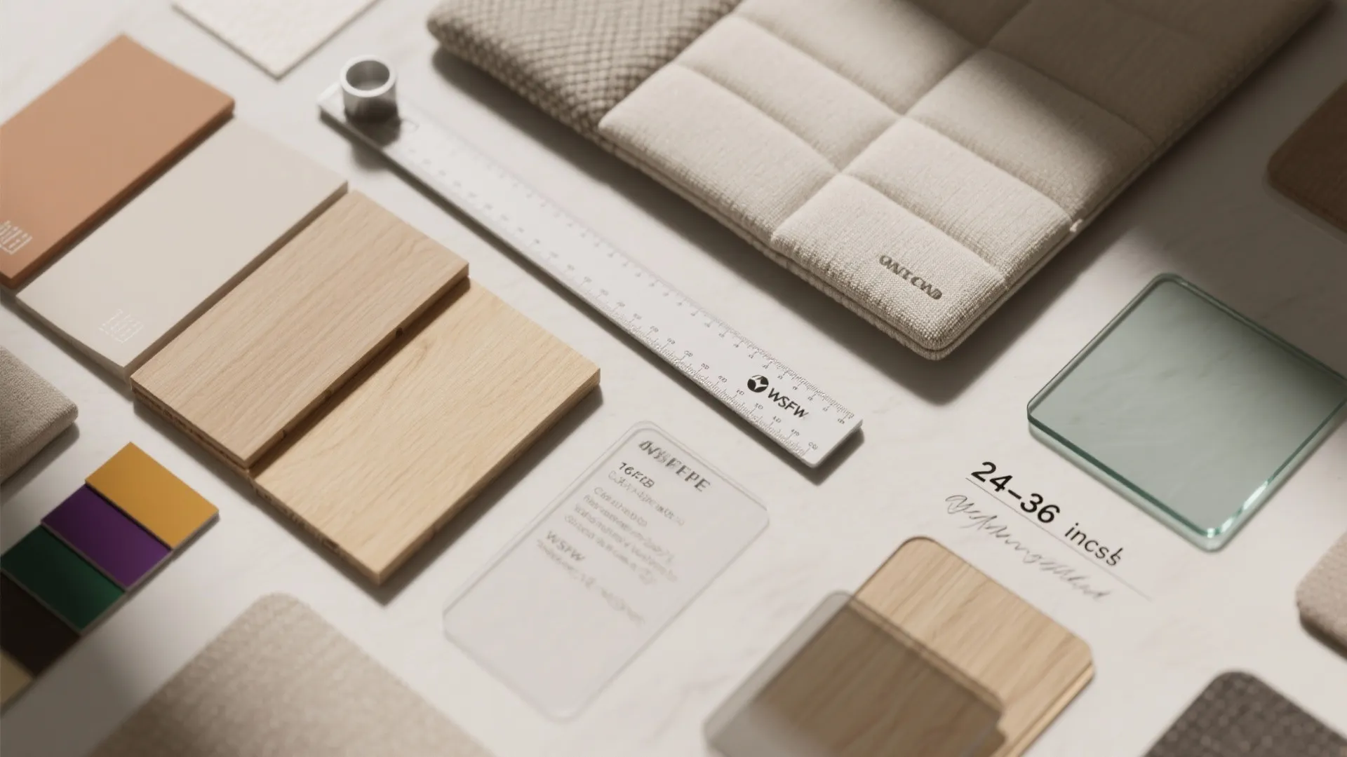 Interior design materials including wood planks fabric samples glass and ruler on a white surface