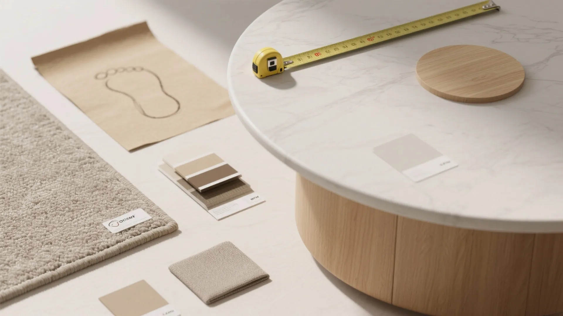 Interior design material board with rug samples fabric swatches and measuring tape on marble table