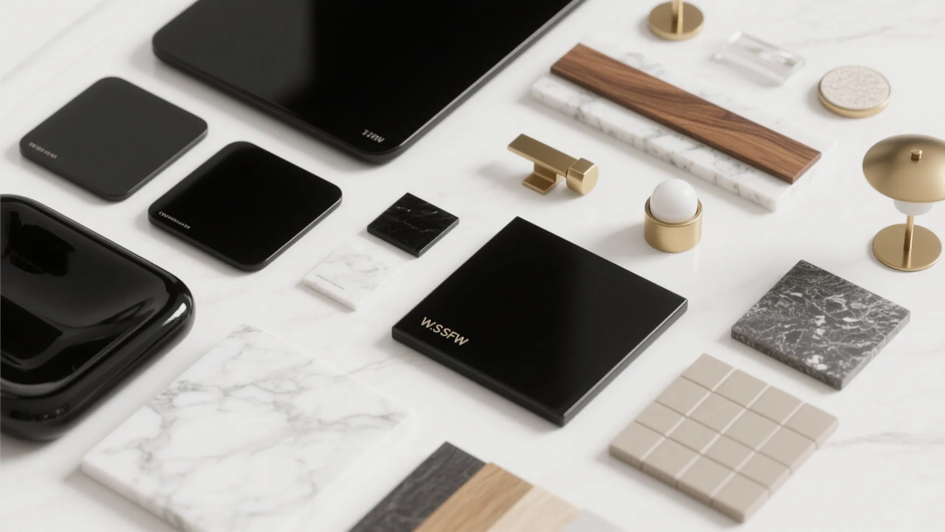 Collection of interior design material samples including black tiles marble wood and gold metal hardware