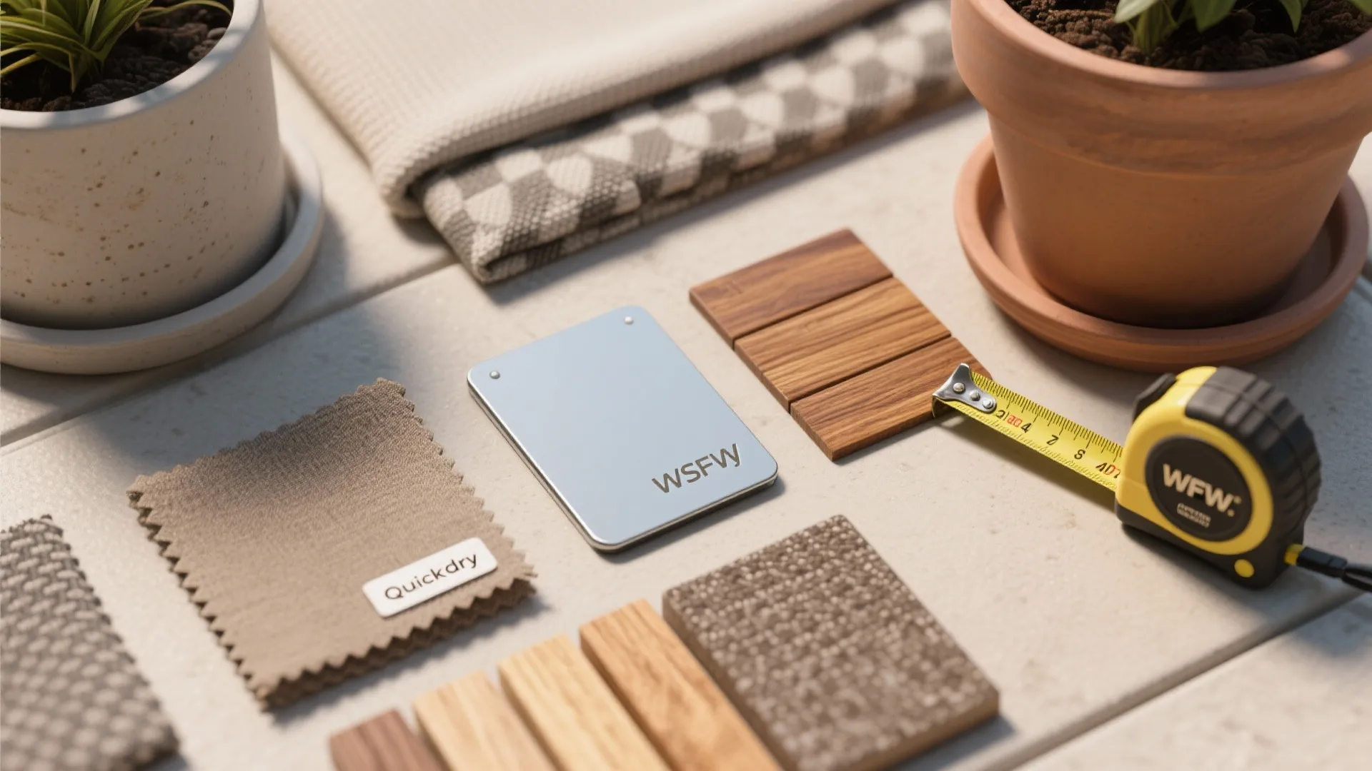 Collection of interior design materials including wood samples fabric swatches tape measure and potted plants