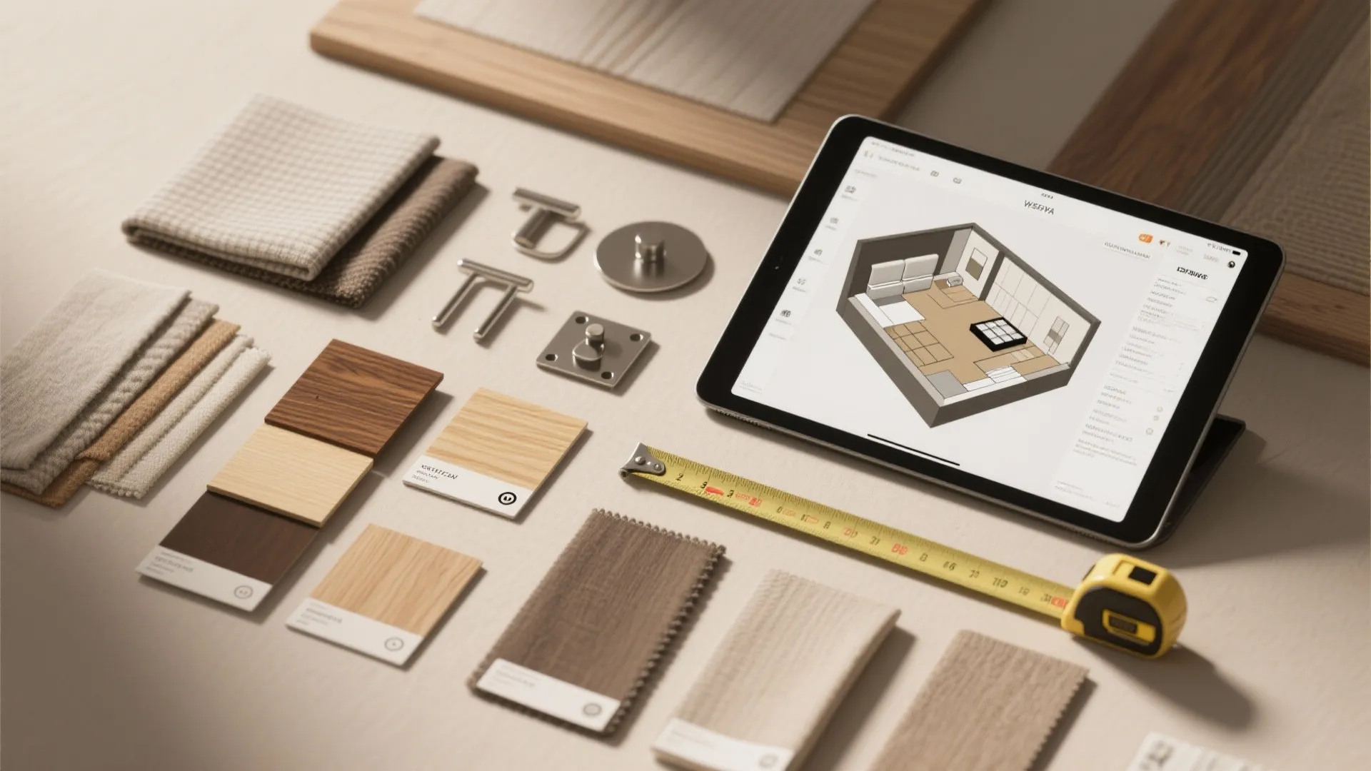Flatlay of wood and fabric swatches, hardware pieces, measuring tape and a tablet with a 3D plan.