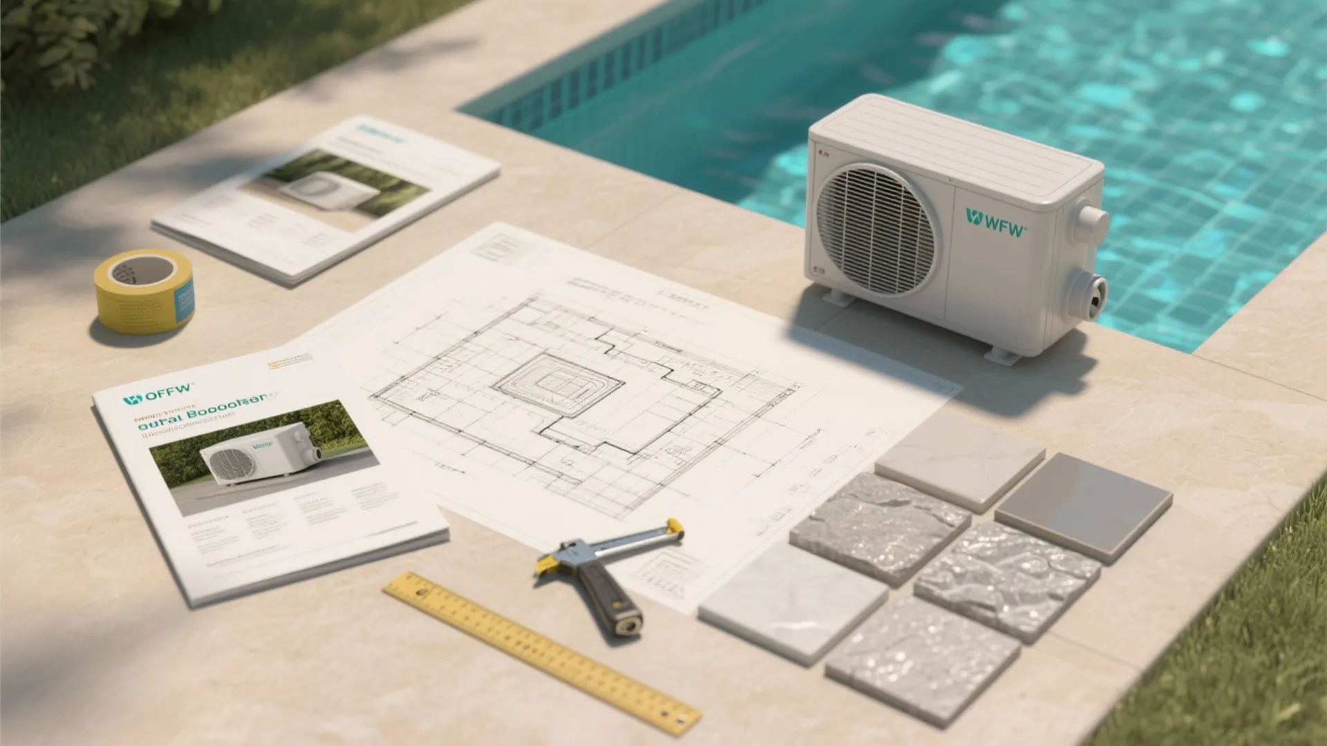 Pool building materials floor plan technical drawing and equipment placed on a stone terrace surface