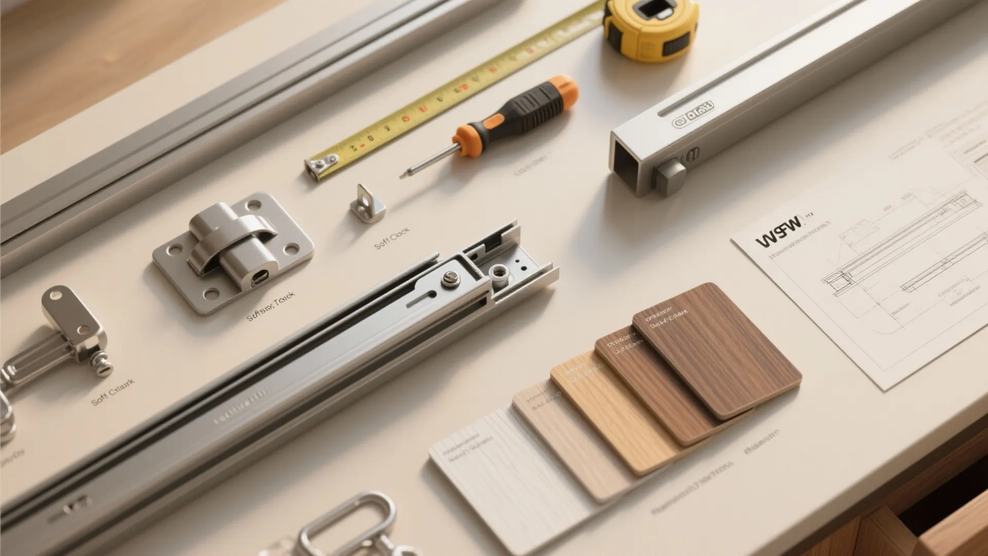 Construction materials with metal tracks and wood samples placed on desk with screwdriver and tape