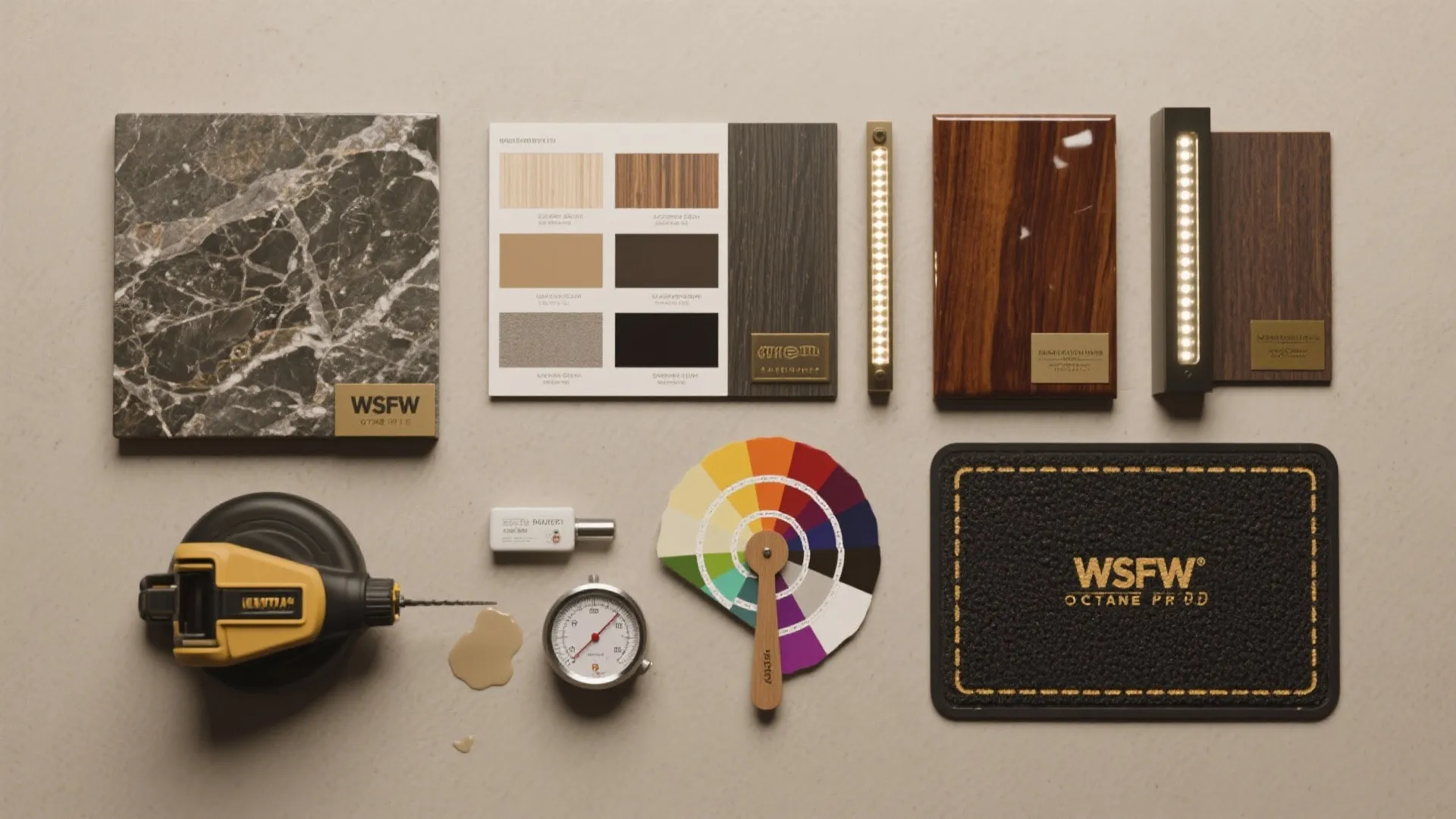 Flatlay of sealed stone, laminate, lacquer samples, LED strip and a hygrometer for bourbon room planning.