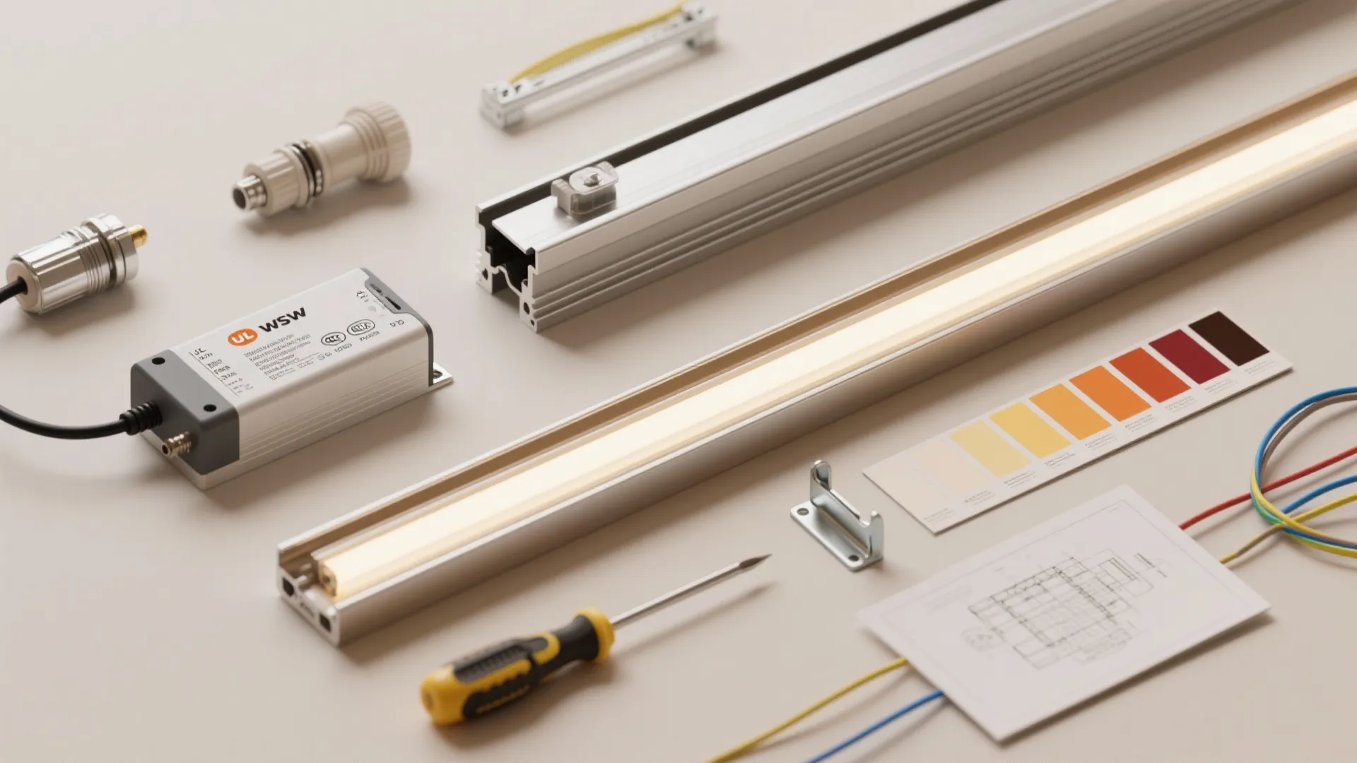 Lighting installation materials including aluminum light strips power driver screwdriver and room layout floor plan