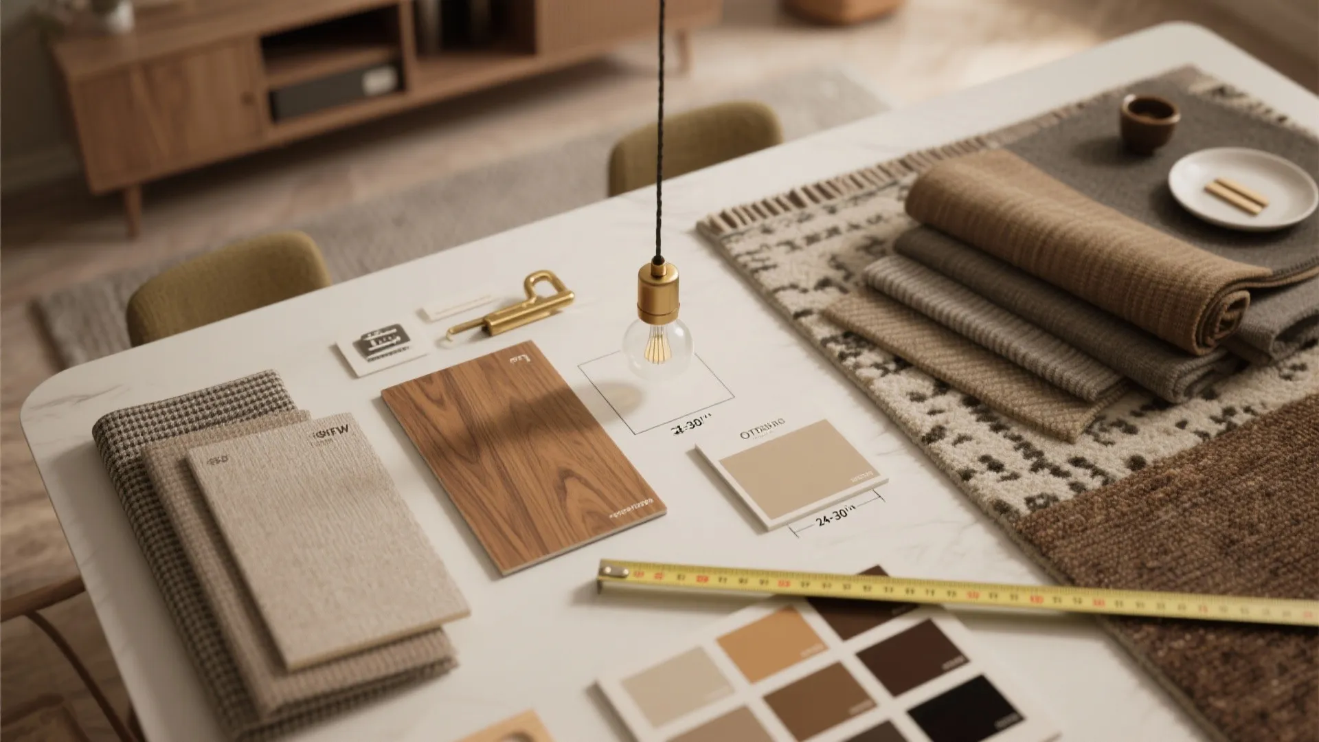 Interior design materials including wood samples fabric swatches and a light bulb on a table