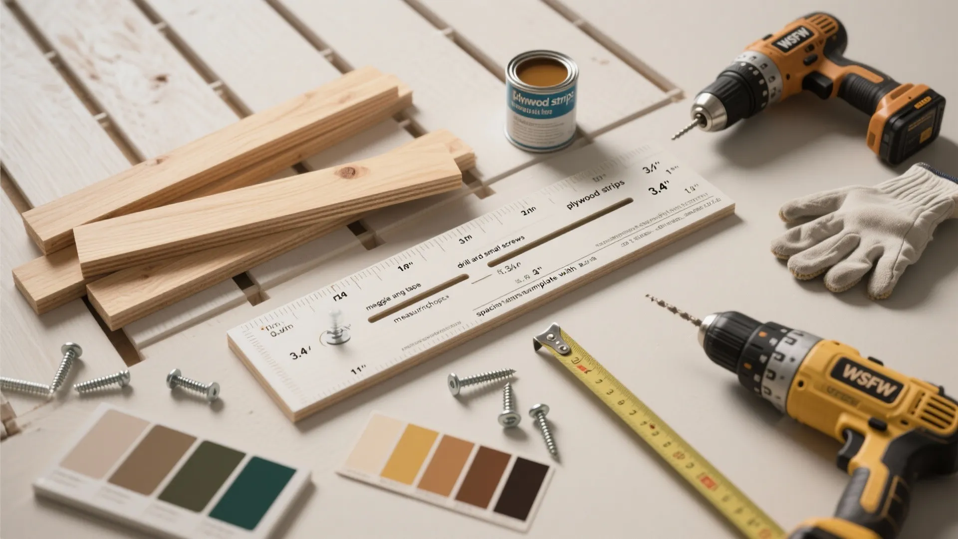 Wood planks power drills screws tape measure and color swatches for home renovation diy project