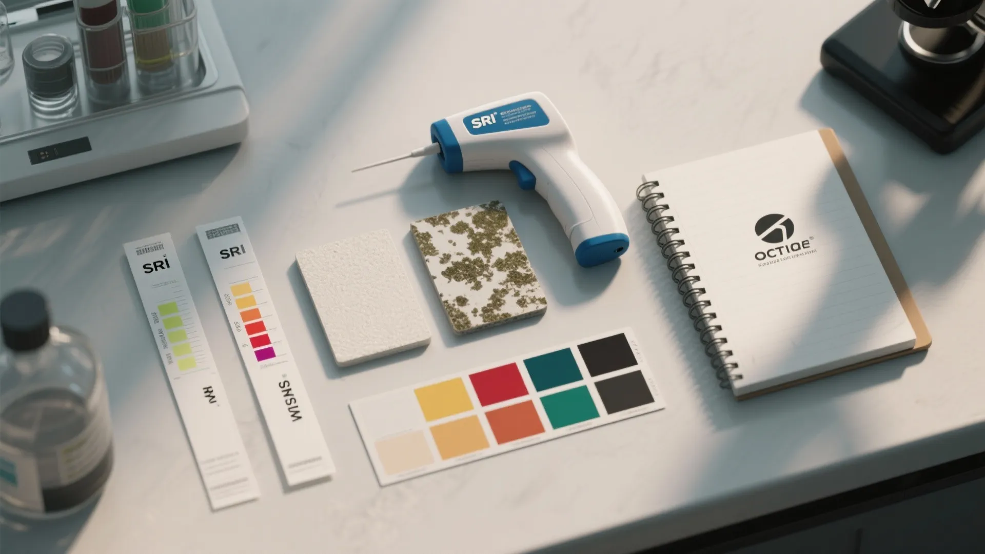 Flatlay of SRI test strips, an IR thermometer and mildew-resistant finish samples for budgeting and installation tips.