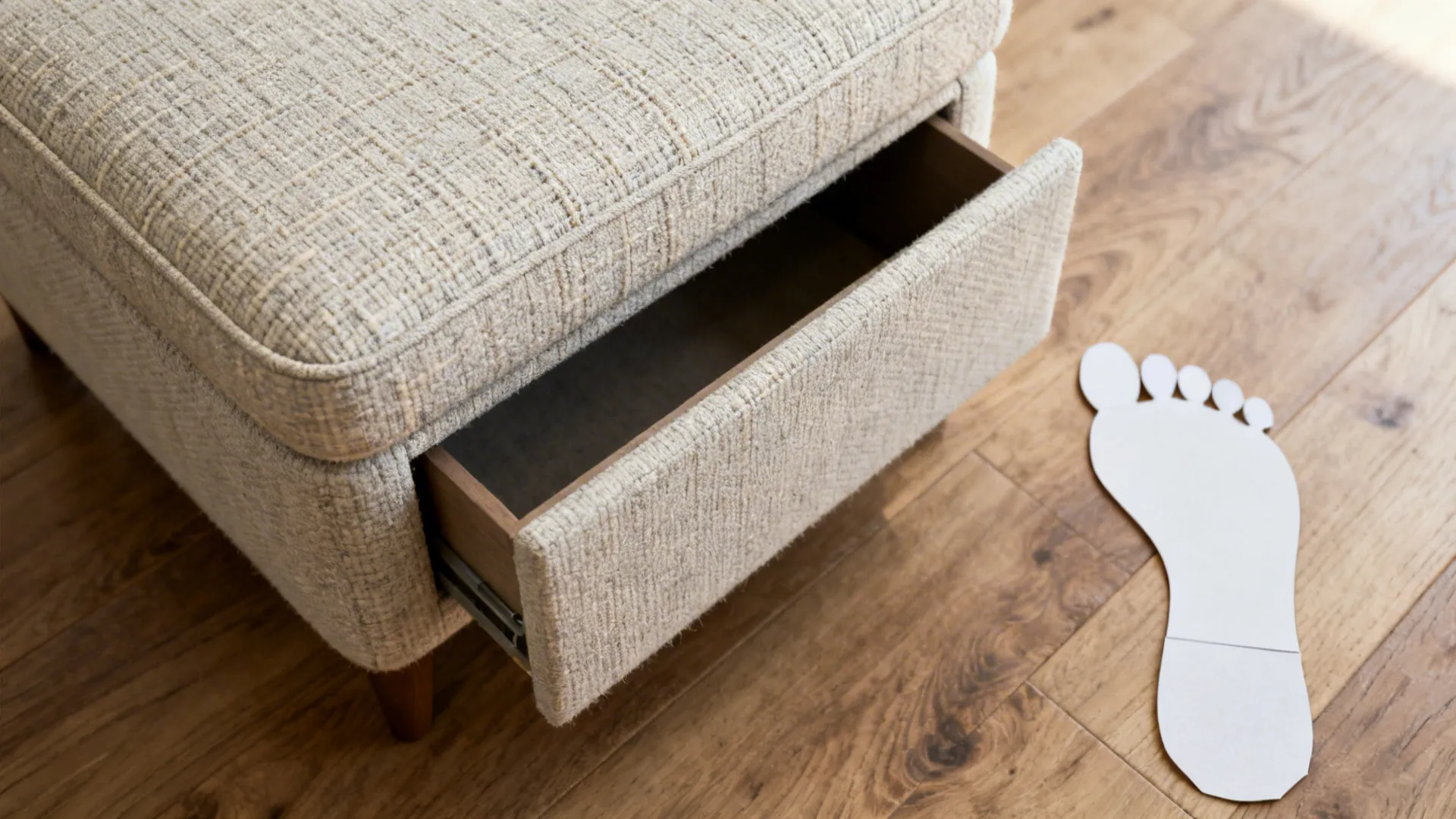 Fabric swatches, ottoman with storage, and paper footprint cutout showing small-space testing.