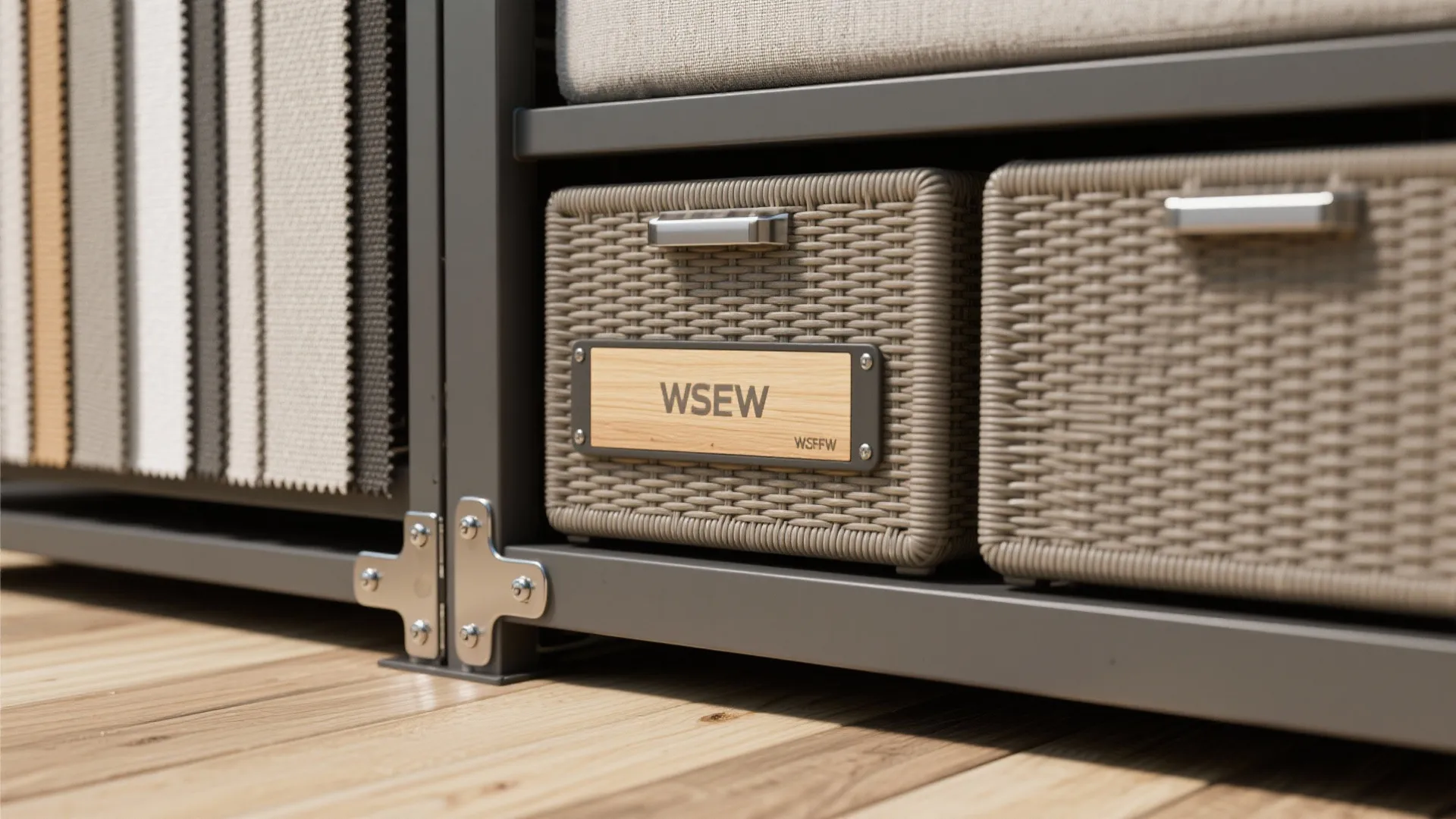 Close up of woven storage baskets with metal handles and fabric samples on wooden floor