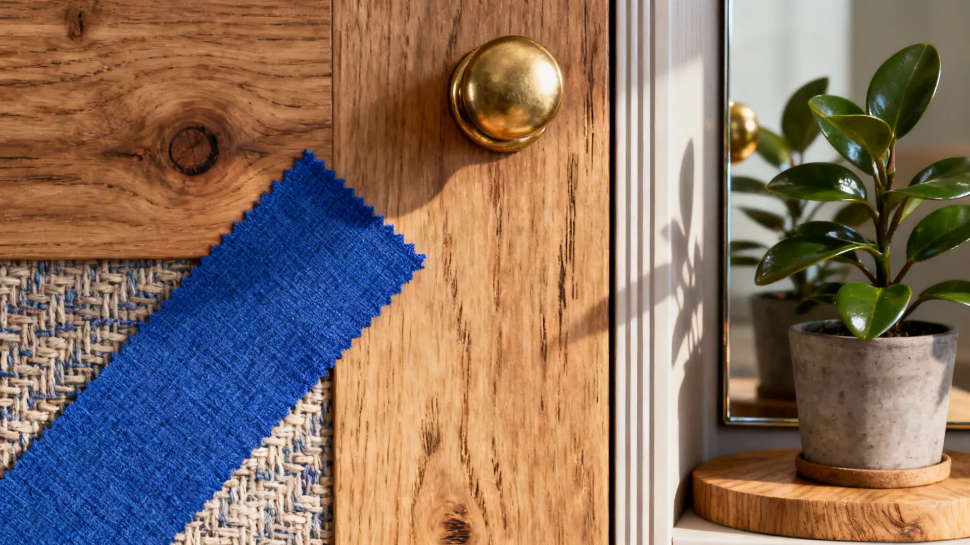 Wood cabinet door with gold knob, blue fabric sample, and green potted plant beside mirror.