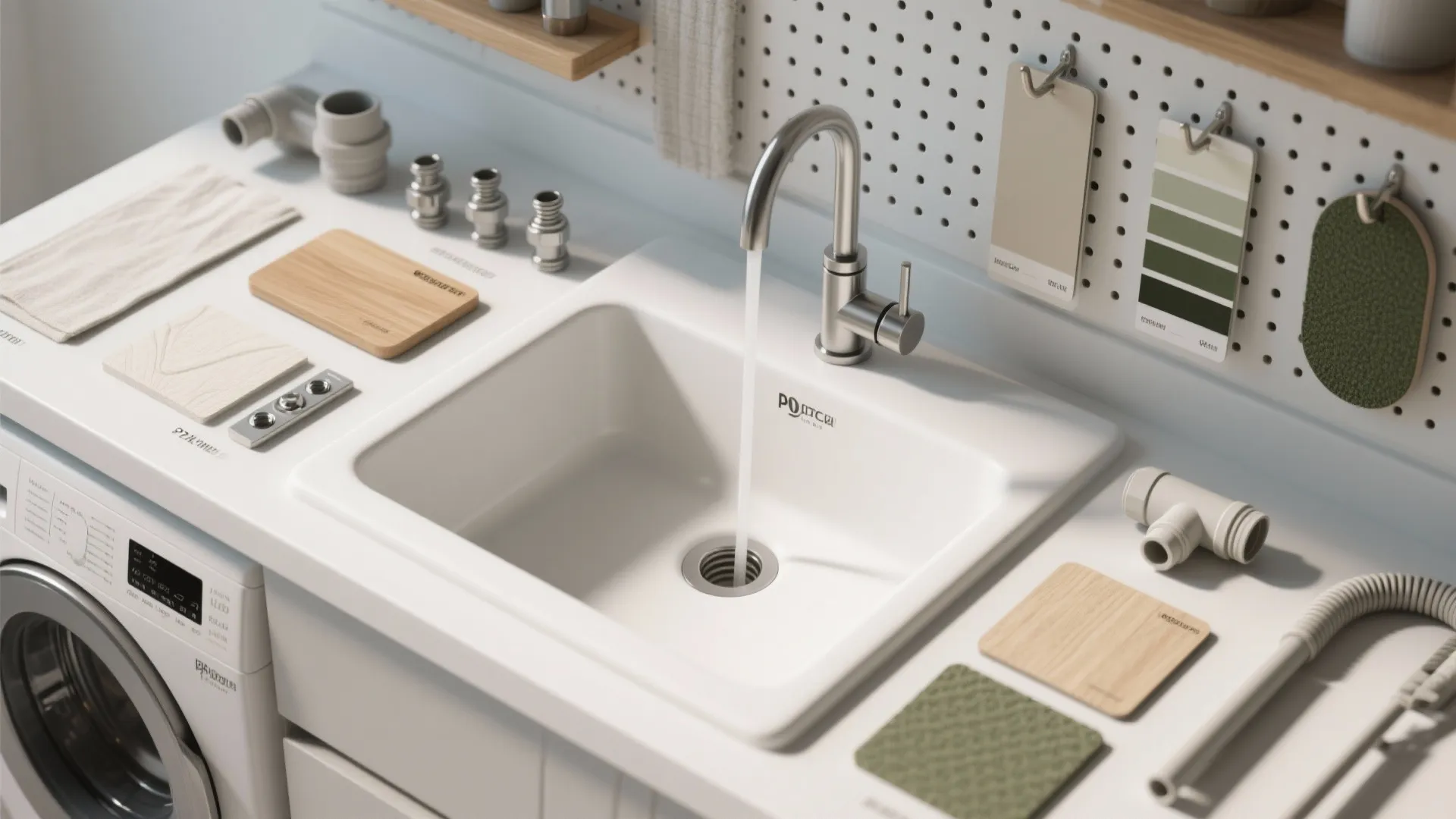 Top-down flatlay of shallow sink samples, single-hole faucet, PEX fittings, anti-vibration pads and color swatches for laundry planning.