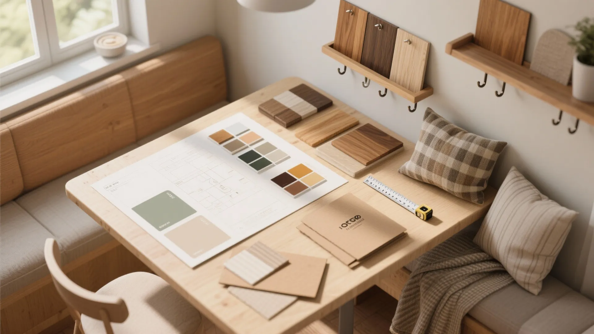 Wooden table with interior design drawing color samples wood swatches measuring tape and soft natural light