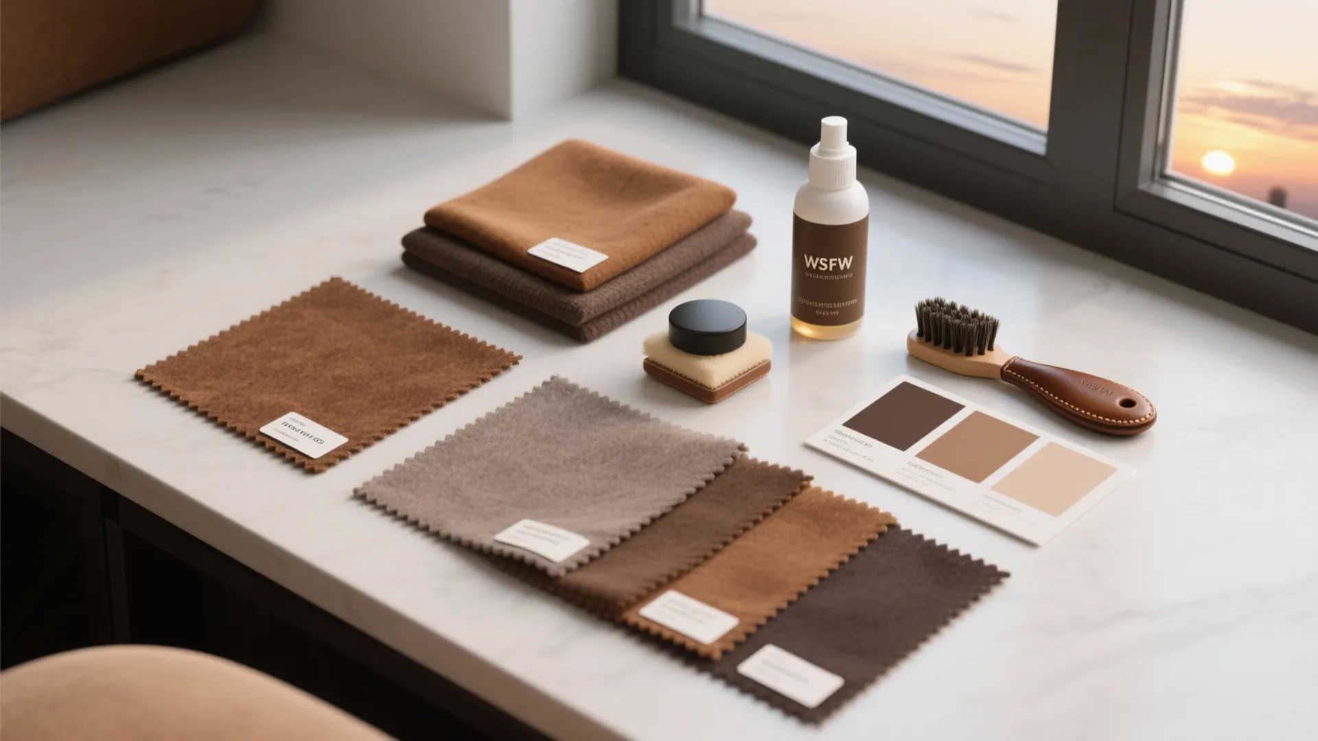 Flatlay of upholstery swatches, leather care kit and color samples for brown chair maintenance.