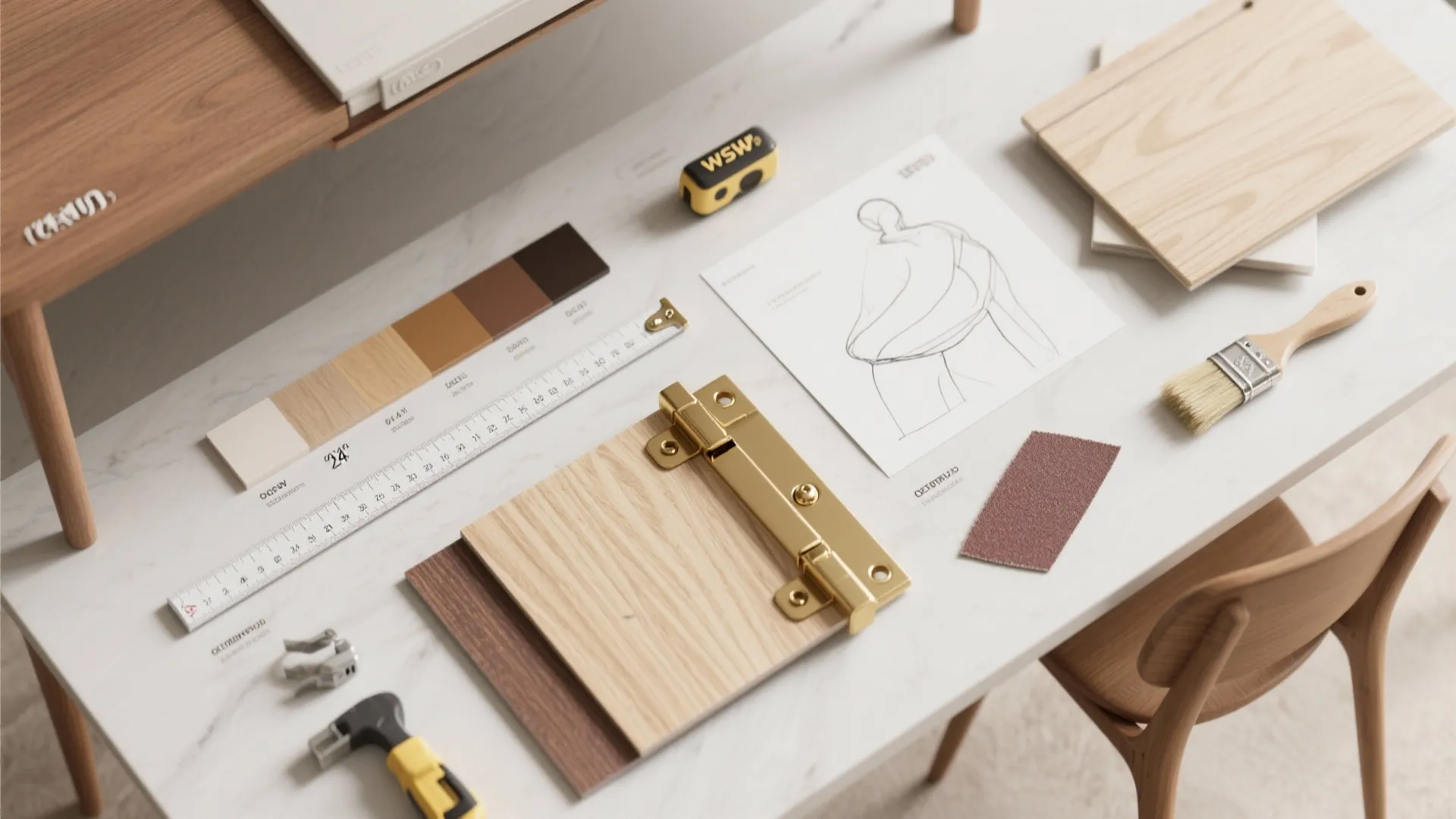 Interior design planning desk with wood samples ruler pencil drawing paint brush and metal hardware parts