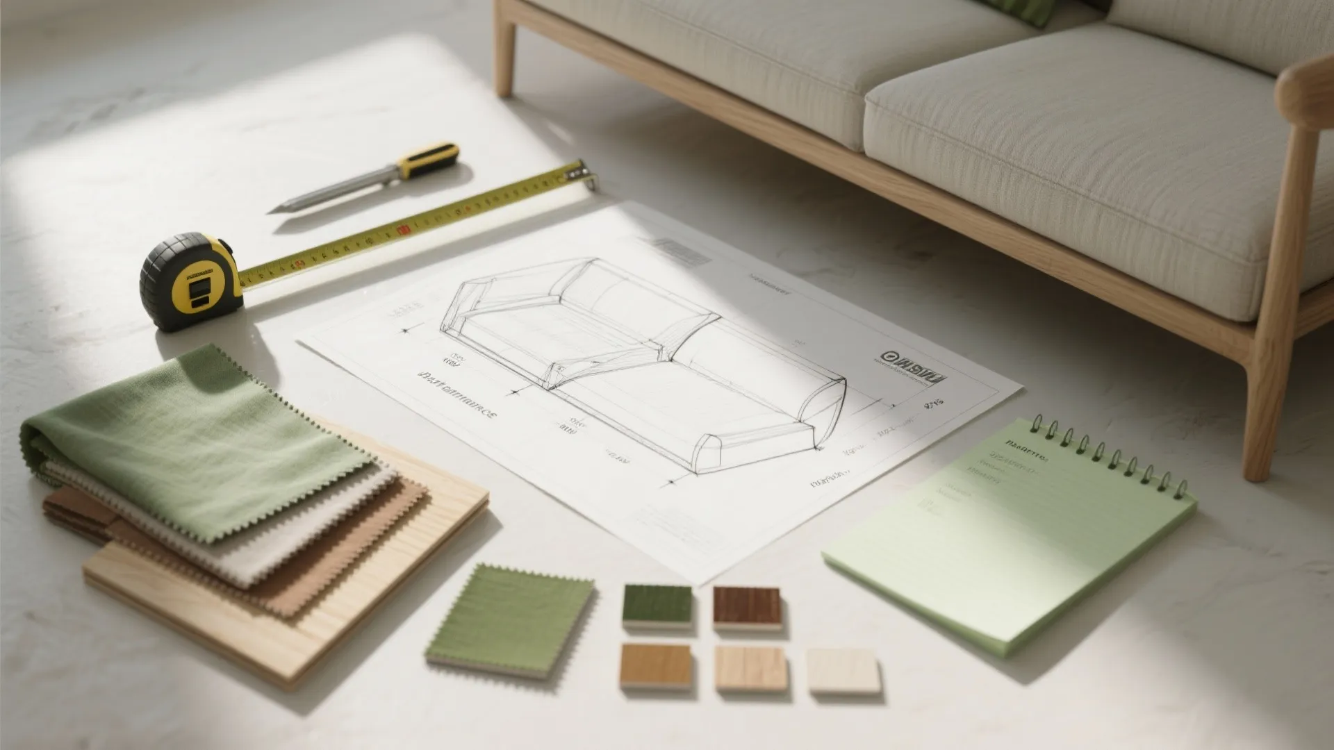 Top-down flatlay of measuring tape, fabric swatches, plywood sample and sketch plans for daybed planning and visualization.
