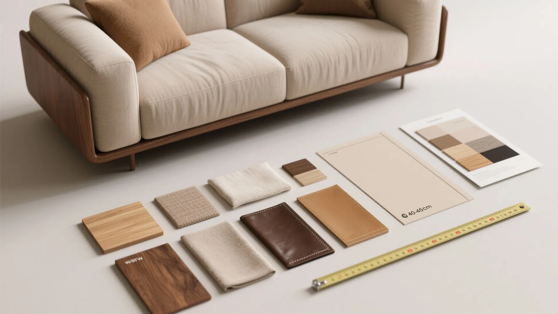 Wood leather and fabric material samples for interior design shown with a yellow measuring tape