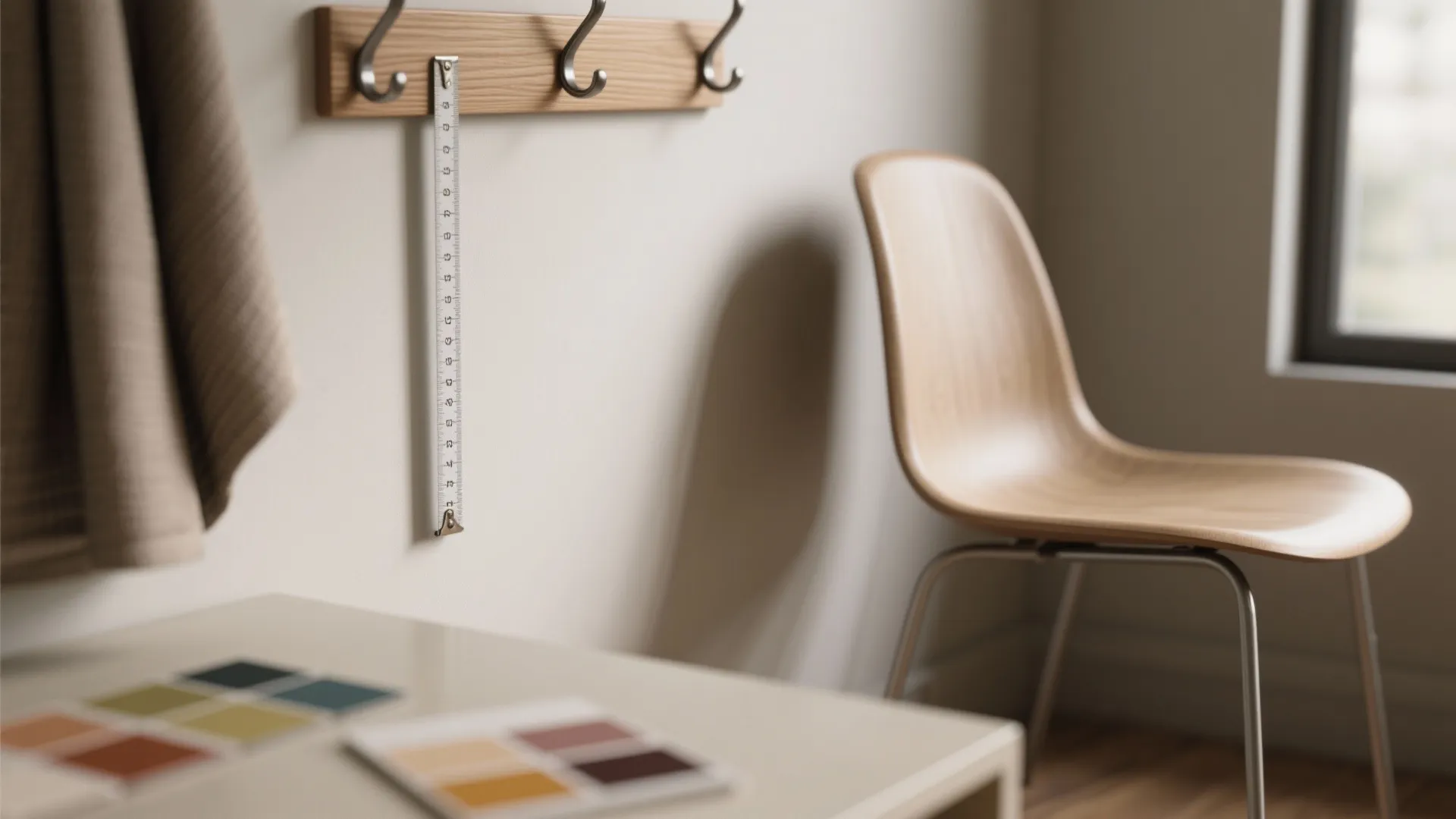 Measuring tape hanging on wooden wall hook next to a chair and some color cards