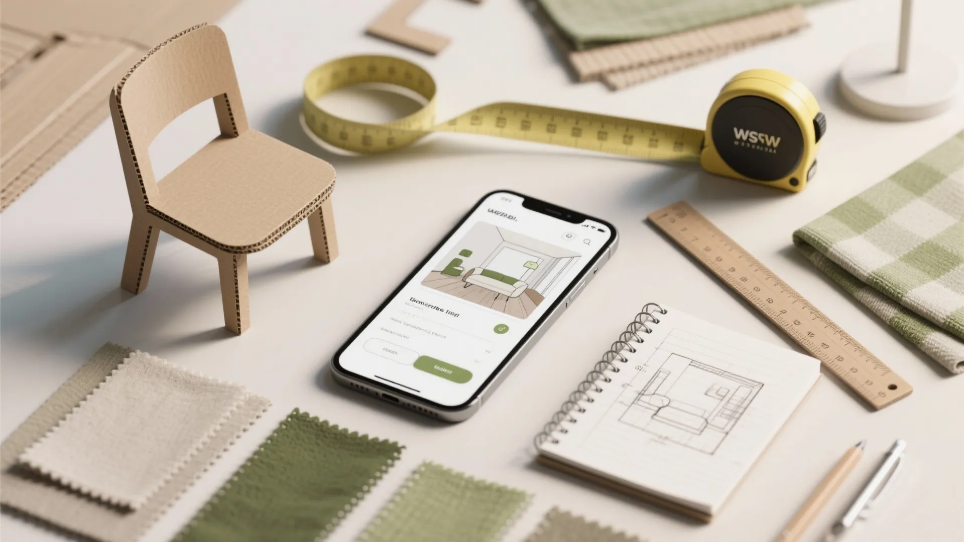 Interior design tools including a phone app, paper sketch, measuring tape, and small cardboard chair