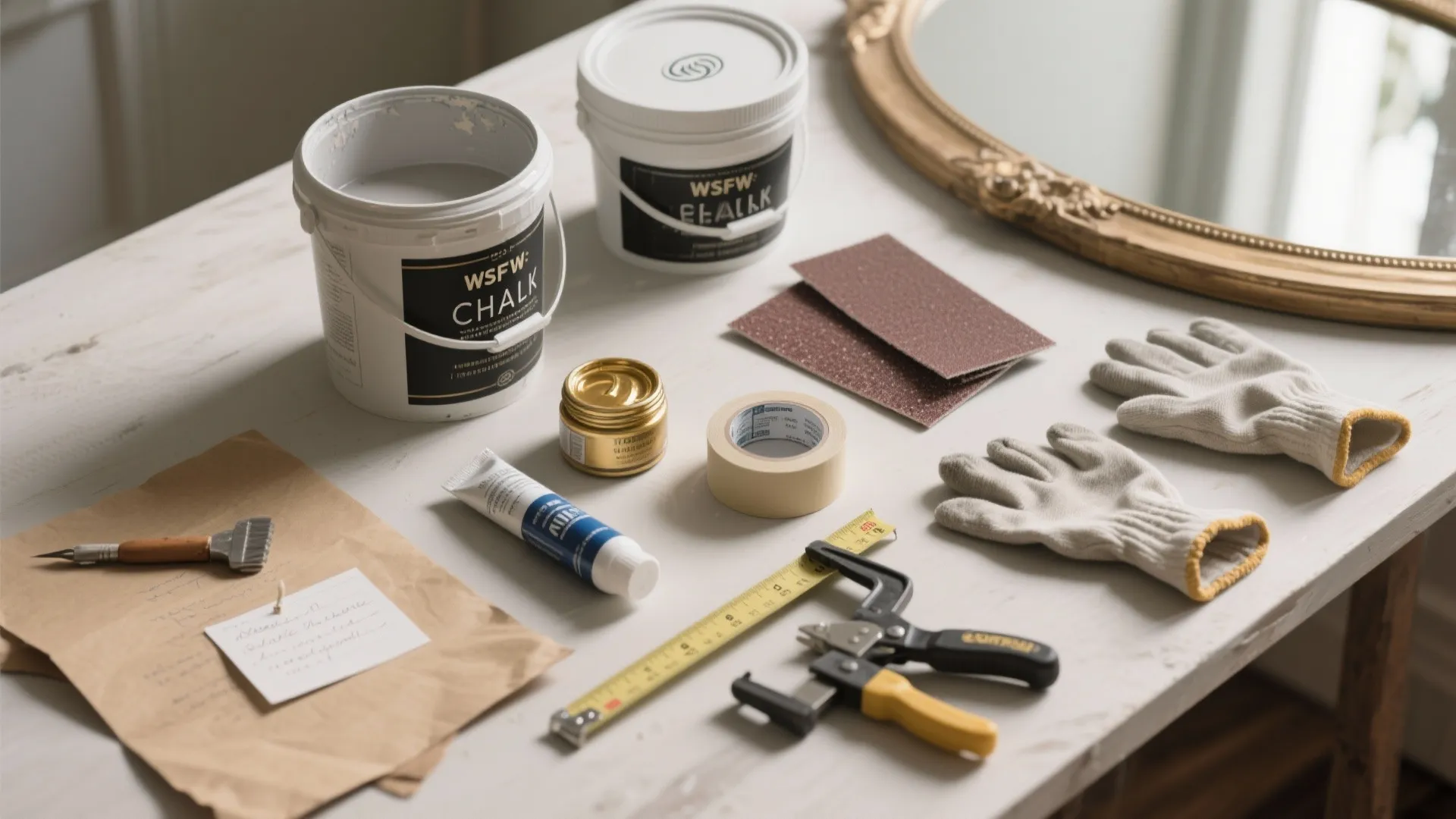 Collection of painting supplies including paint cans sandpaper gloves measuring tape and masking tape on table