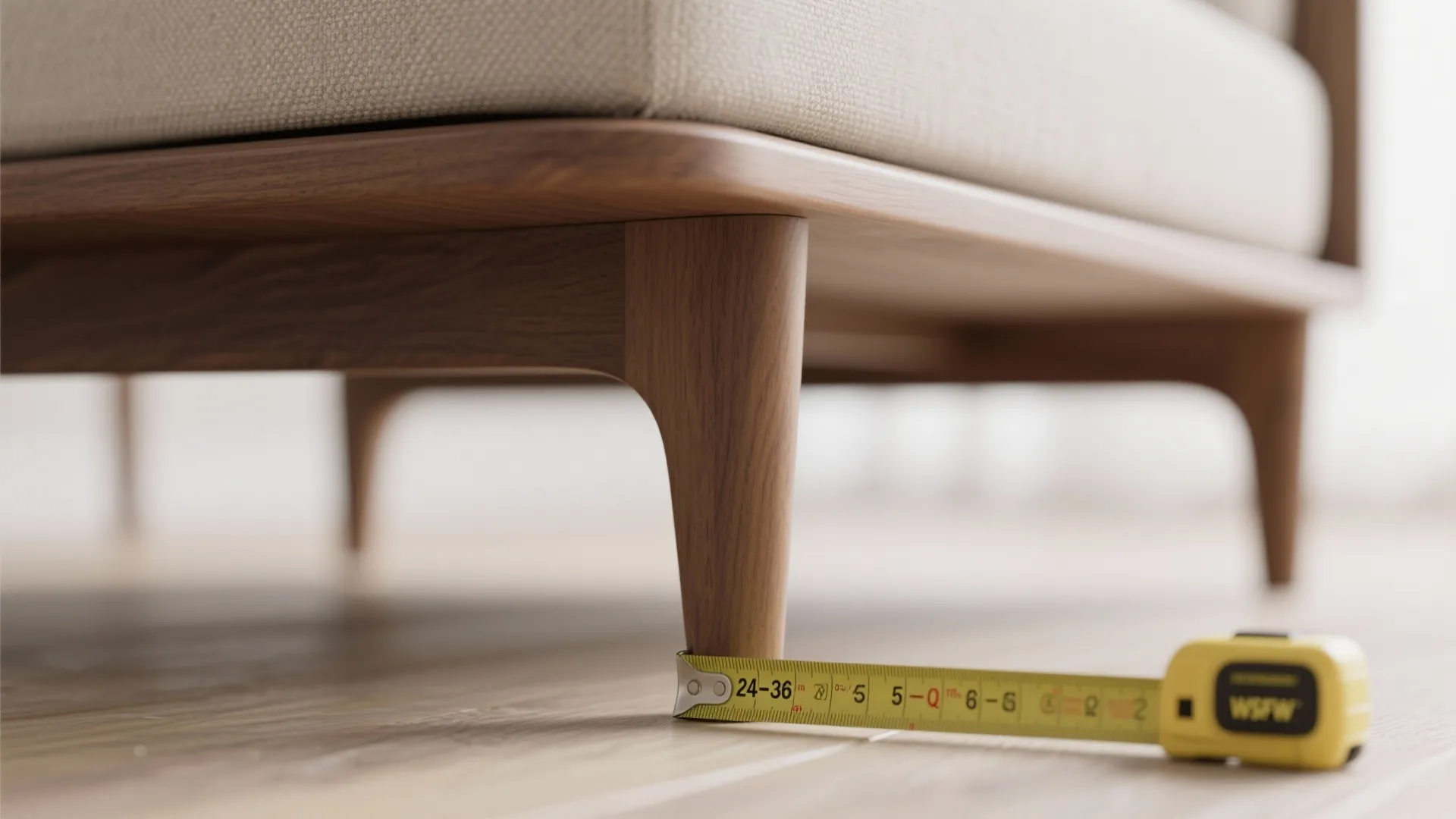 Measuring the distance under a wooden sofa leg using a yellow tape measure on floor