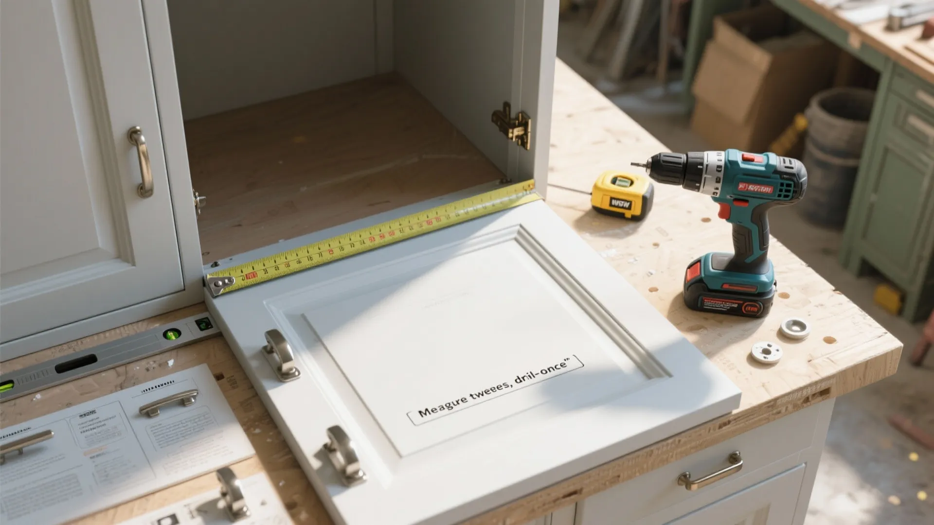 Cabinet installation tools including power drill and tape measure placed on a white wooden workbench