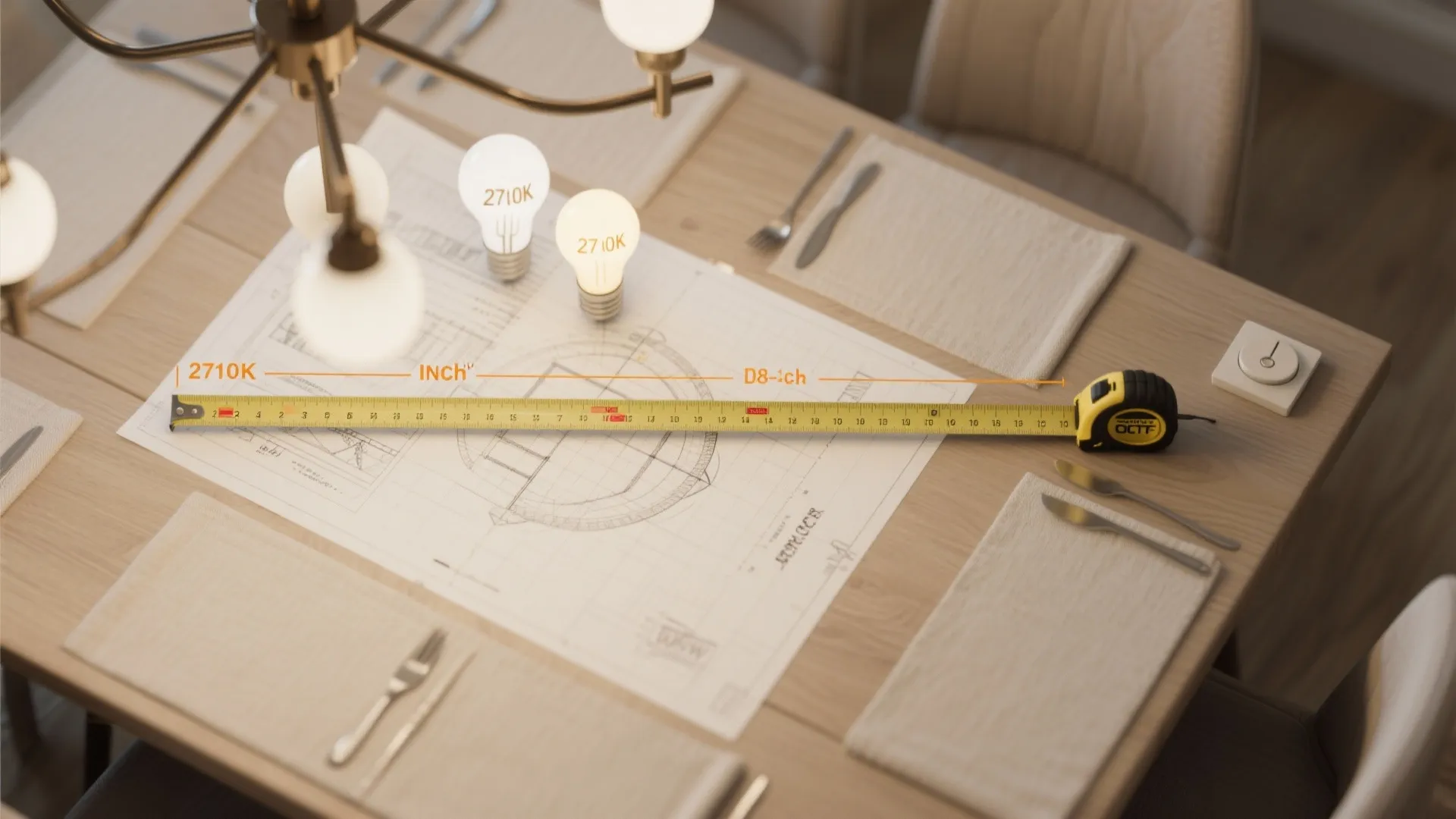 Top-down planning view with measuring tape, scale markers, and 2700K bulb samples illustrating chandelier placement tips.