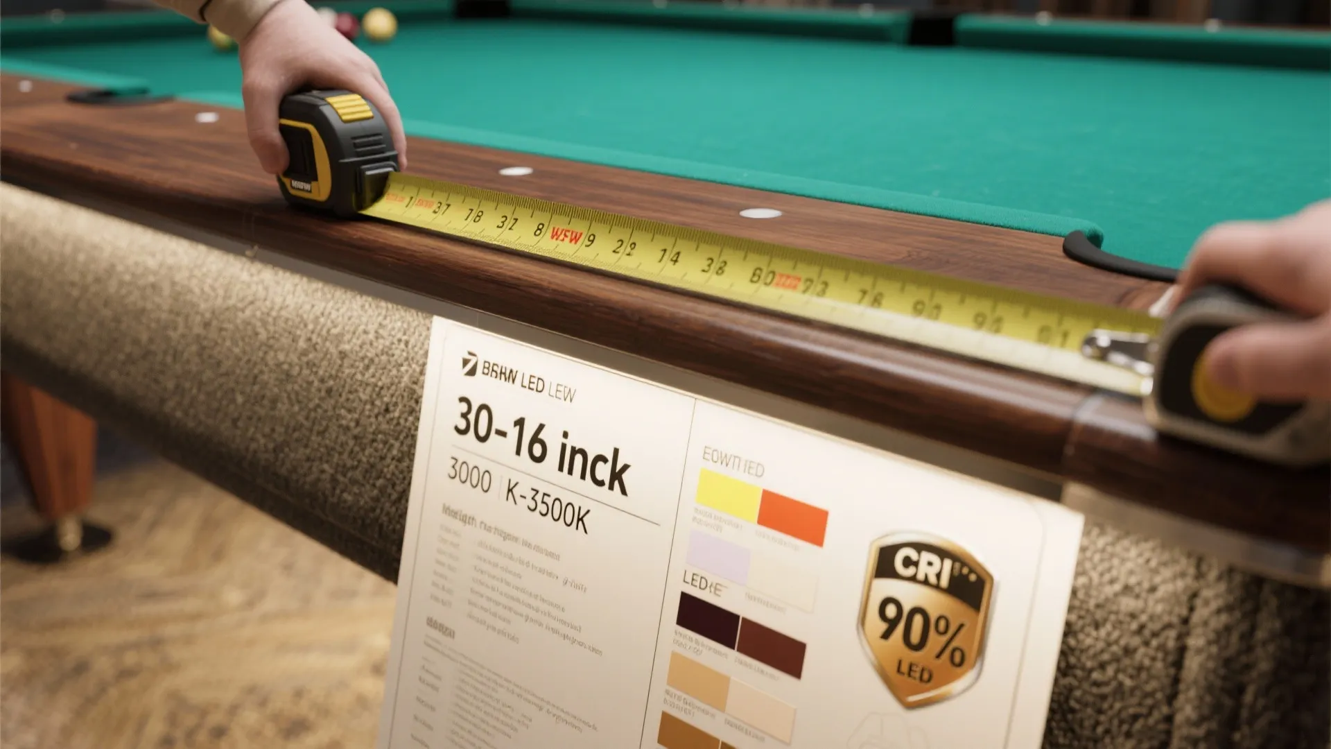 Hands using a yellow measuring tape on a pool table near a technical lighting document