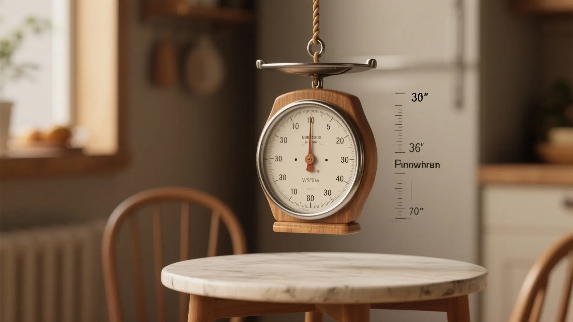 Close-up showing pendant cord mock-up with measurement markings illustrating 30–36 inches above a table.