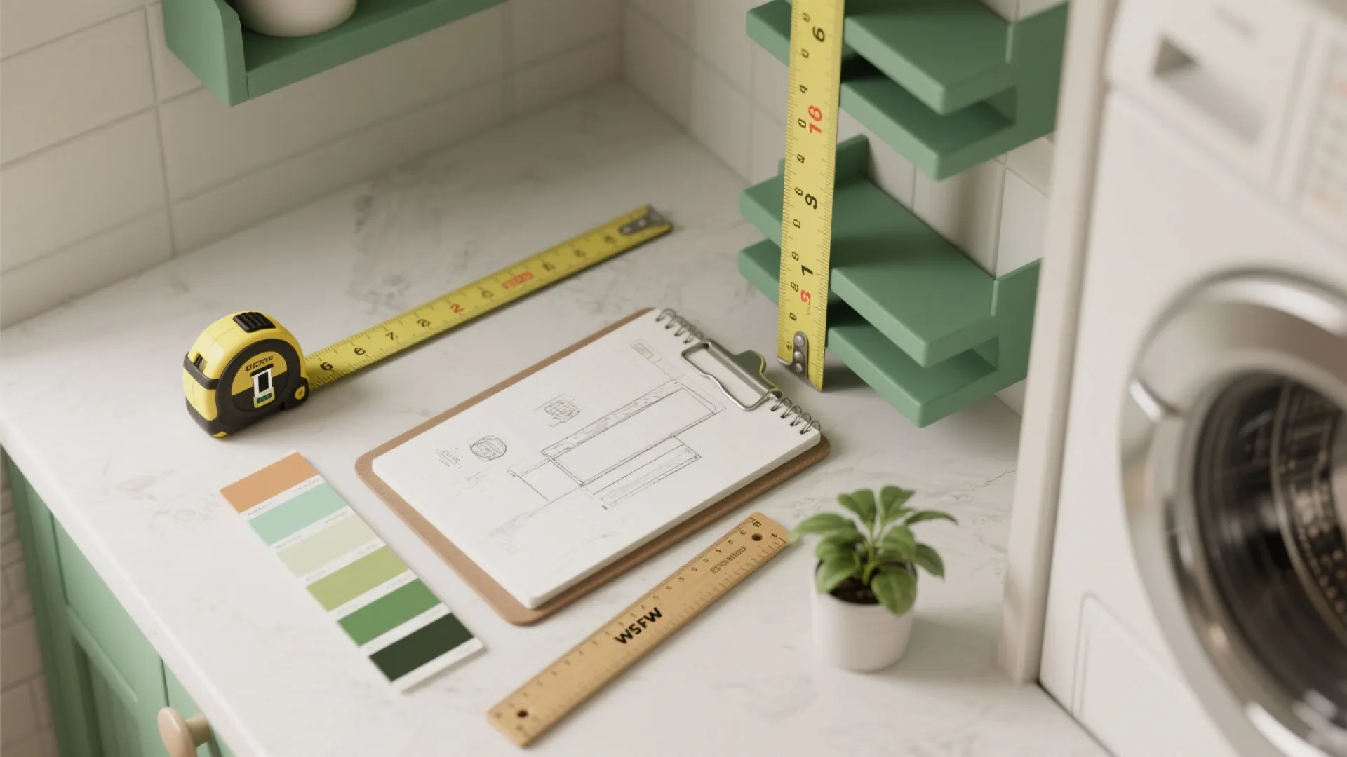 Measuring tools and drawing on a marble counter top next to a front loading washer