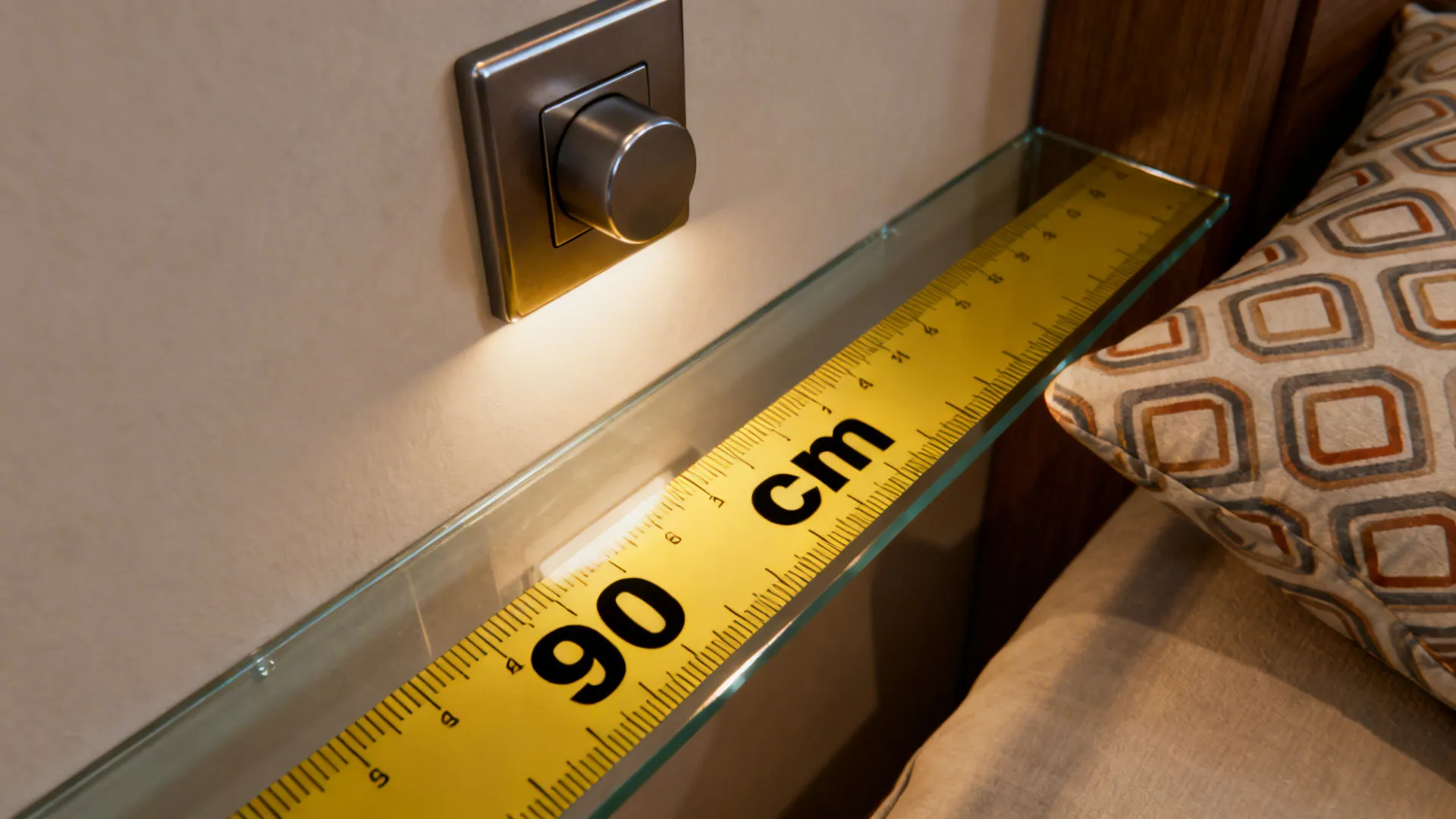 Measuring tape showing a 90 cm walkway with a dimmer and accent cushion detail