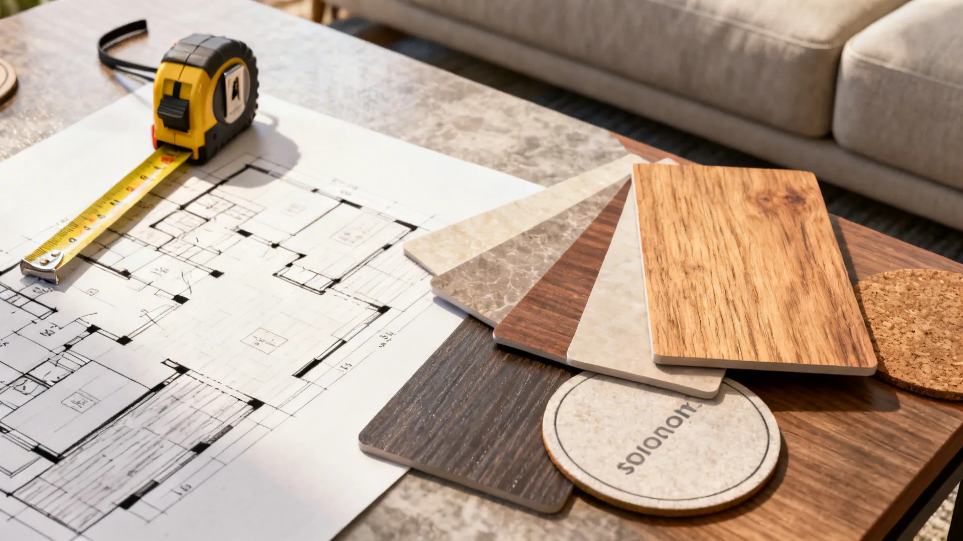 Close-up of a tape measure, floor plan sketch, and material swatches for planning living room game layouts.