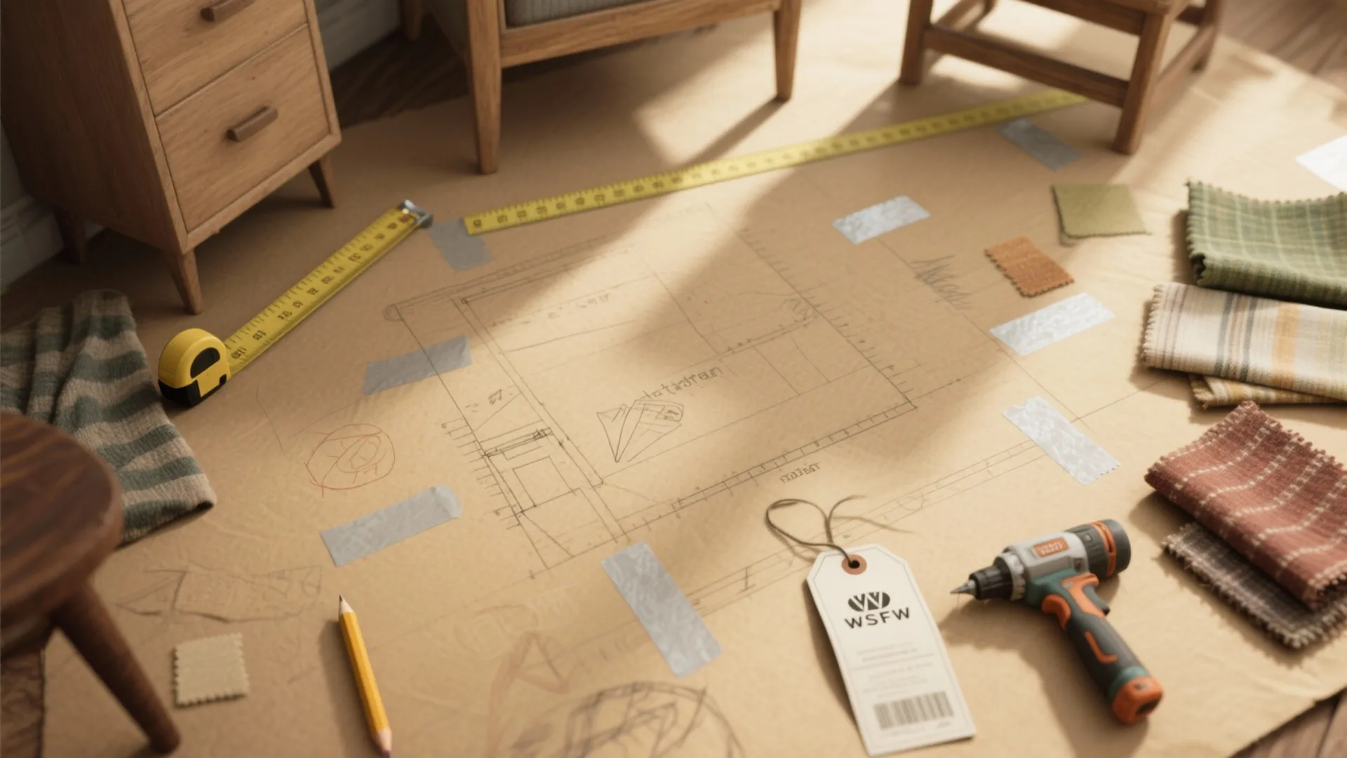 Top-down kraft paper room mockup with measuring tape, furniture outlines and fabric swatches for DIY planning.