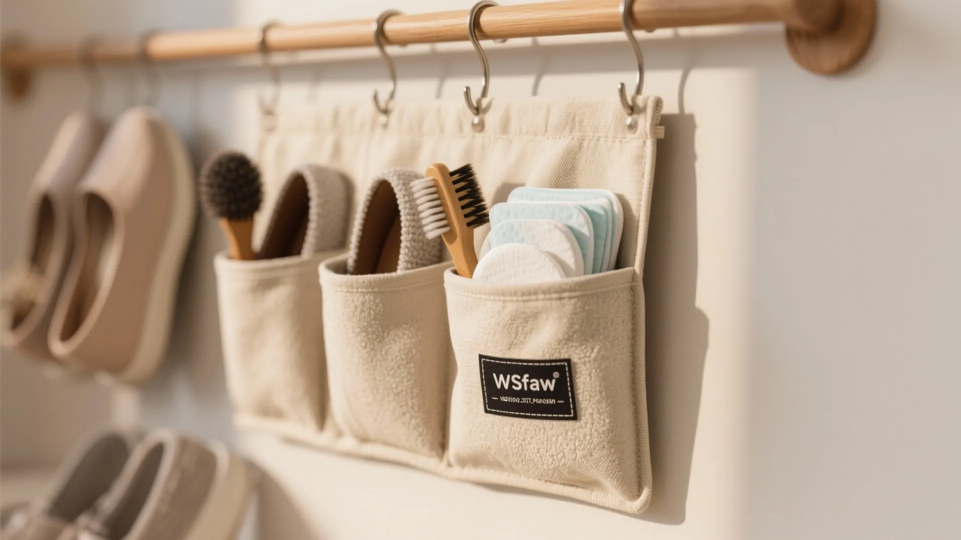 Macro view of a labeled pouch with spare mop pads and a repurposed hanging shoe organizer holding cleaning tools.
