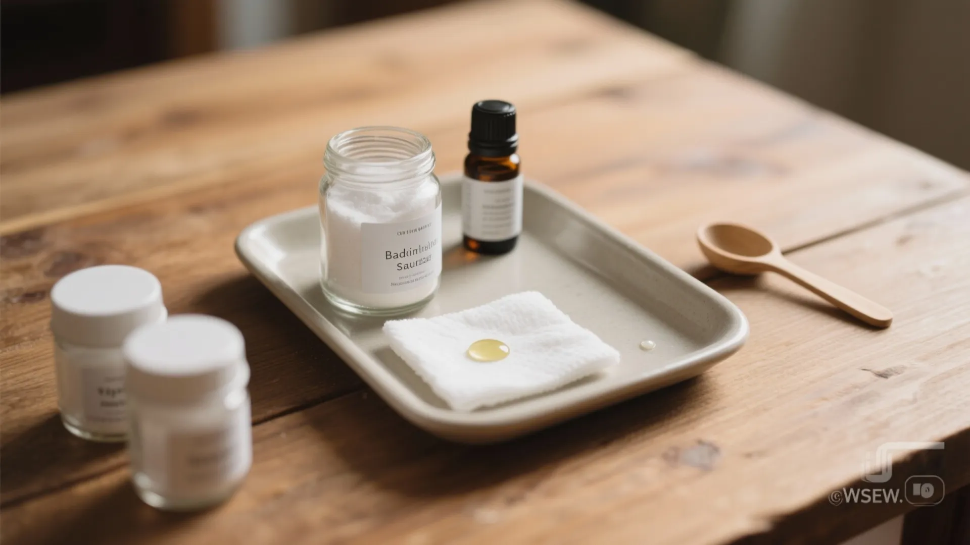 Baking soda jar and essential oil on a tray with a wooden spoon and cotton