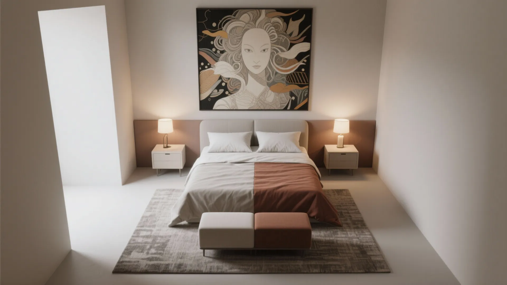 Modern bedroom with large wall art two bedside tables lamps a footrest and a grey rug