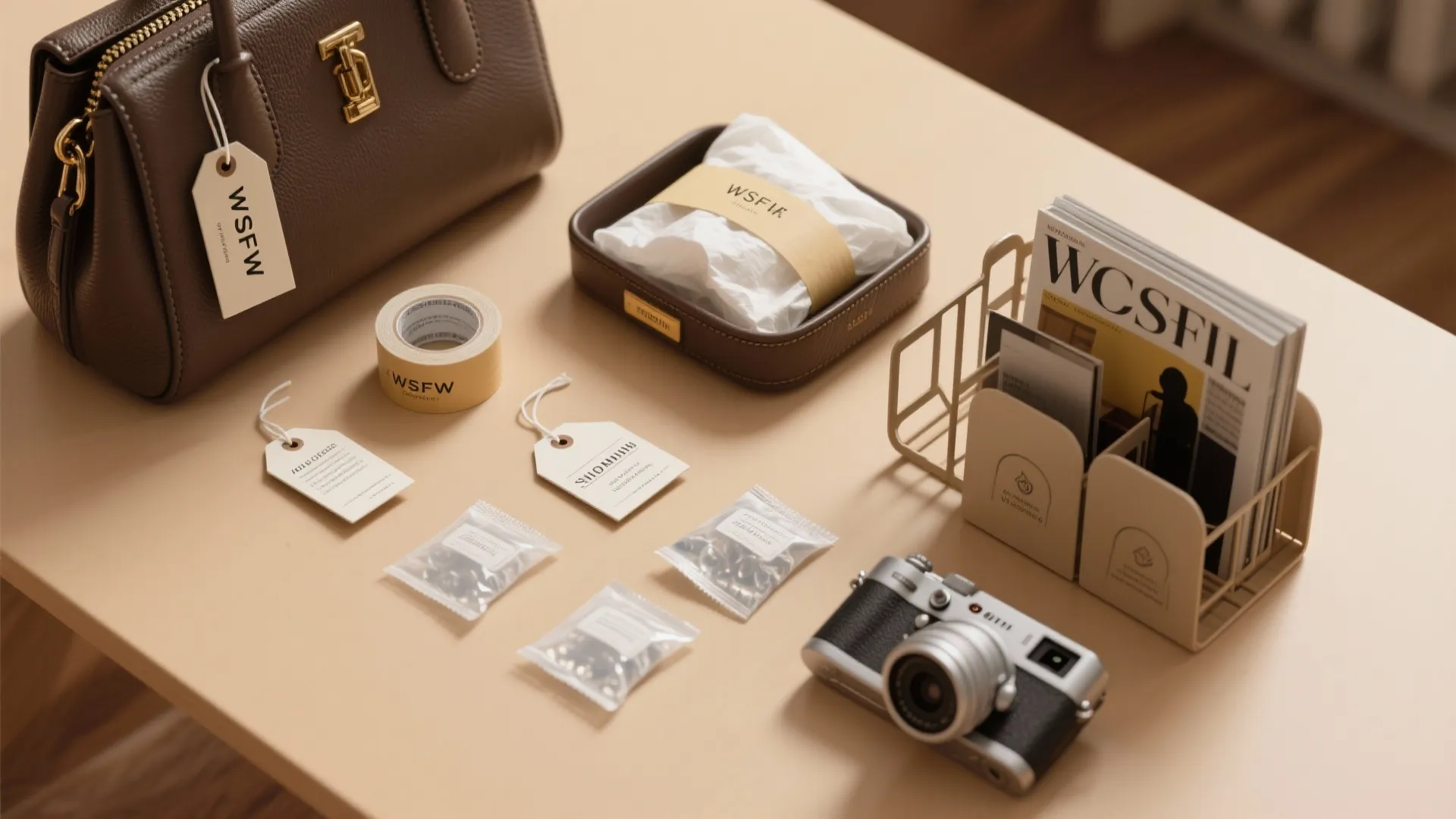 Table with leather bag tags small bags camera magazine rack and white paper on beige surface
