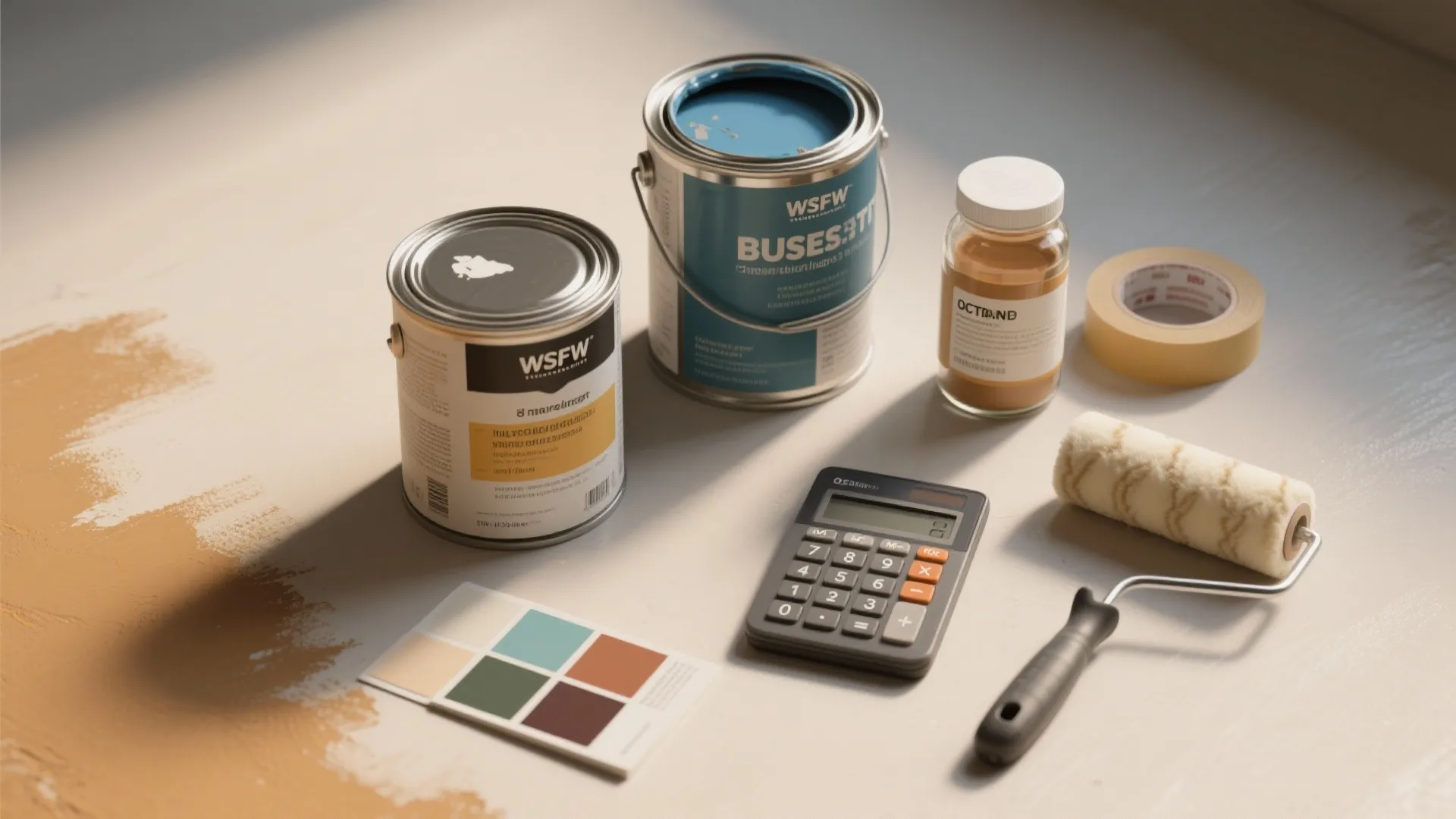 Paint cans, paint roller, calculator, and color swatches placed on a floor for home renovation